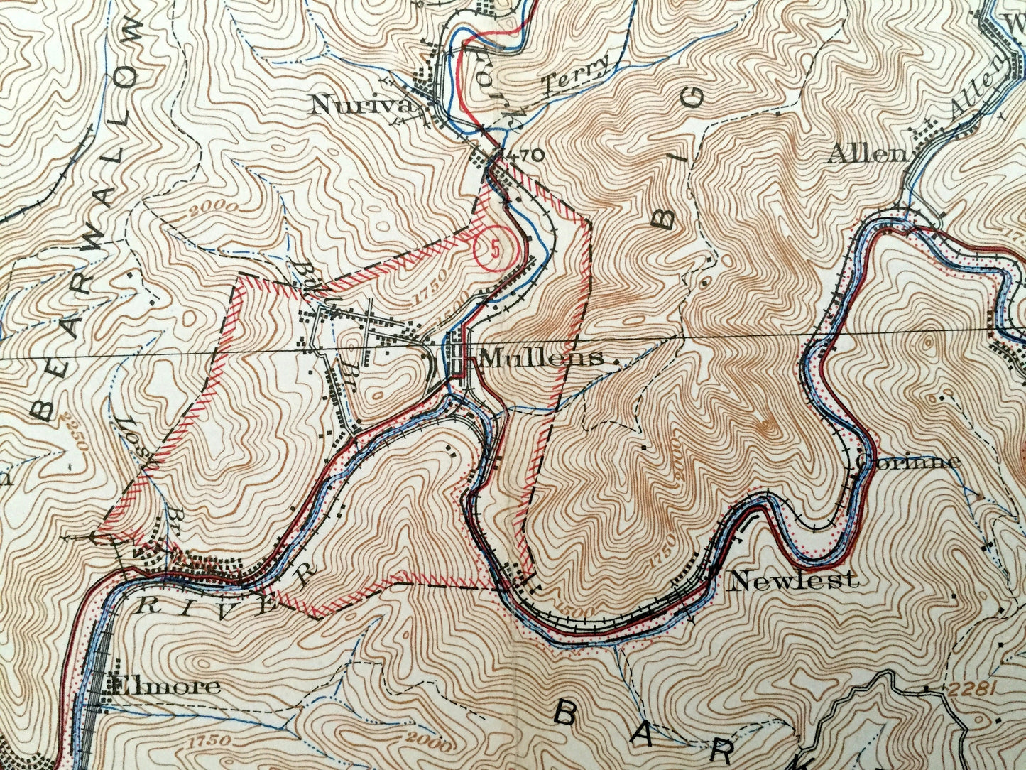 Antique Mullens, West Virginia 1927 US Geological Survey Topographic Map – Wyoming County, Elmore, Sophia, Oceana, McAlpin Lester Vanwood WV