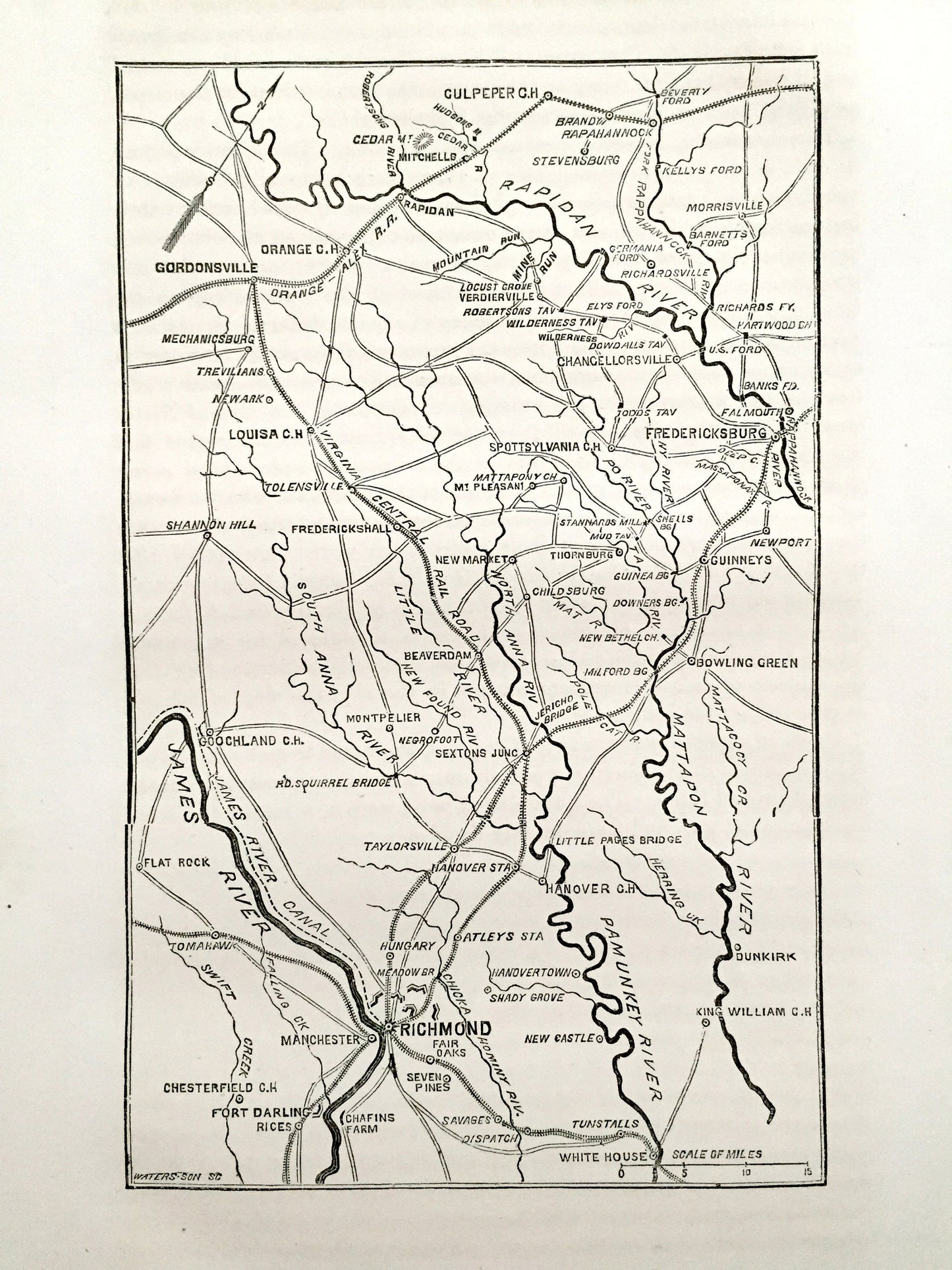 Antique 1865 Richmond, Virginia Map from The History of the Civil War in The United States by Samuel M. Schmucker – Fredericksburg, Culpeper