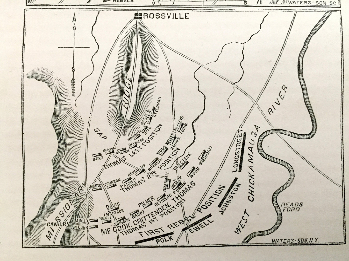 Antique 1865 Battle of Chickamauga Map from The History of the Civil War in The United States, Schmucker — Chattanooga, Rossville, Tennessee
