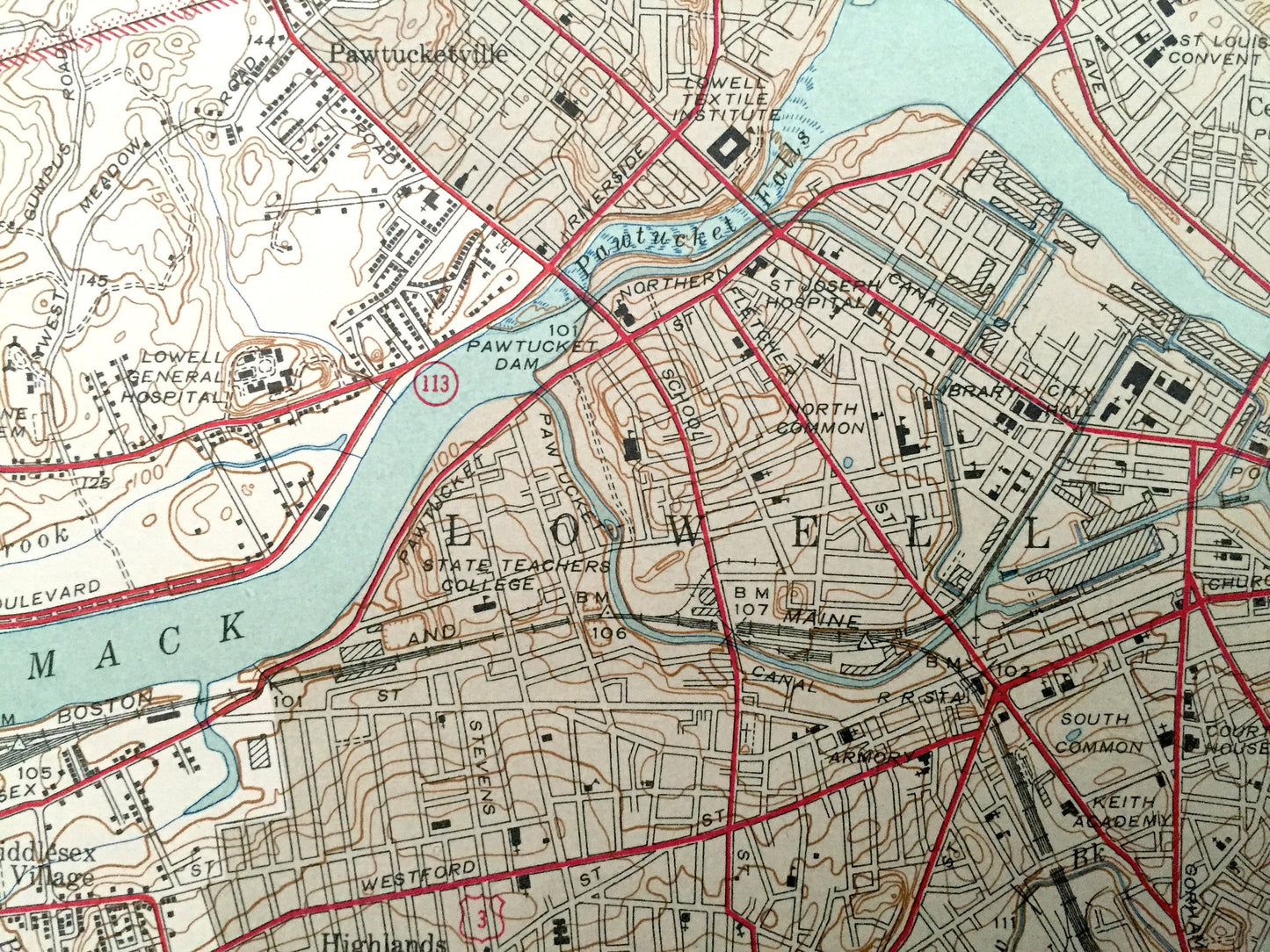 Antique Lowell, Massachusetts 1941 US Geological Survey Topographic Map – Middlesex County, Dracut, Chelmsford, Tewksbury Merrimack UMass MA