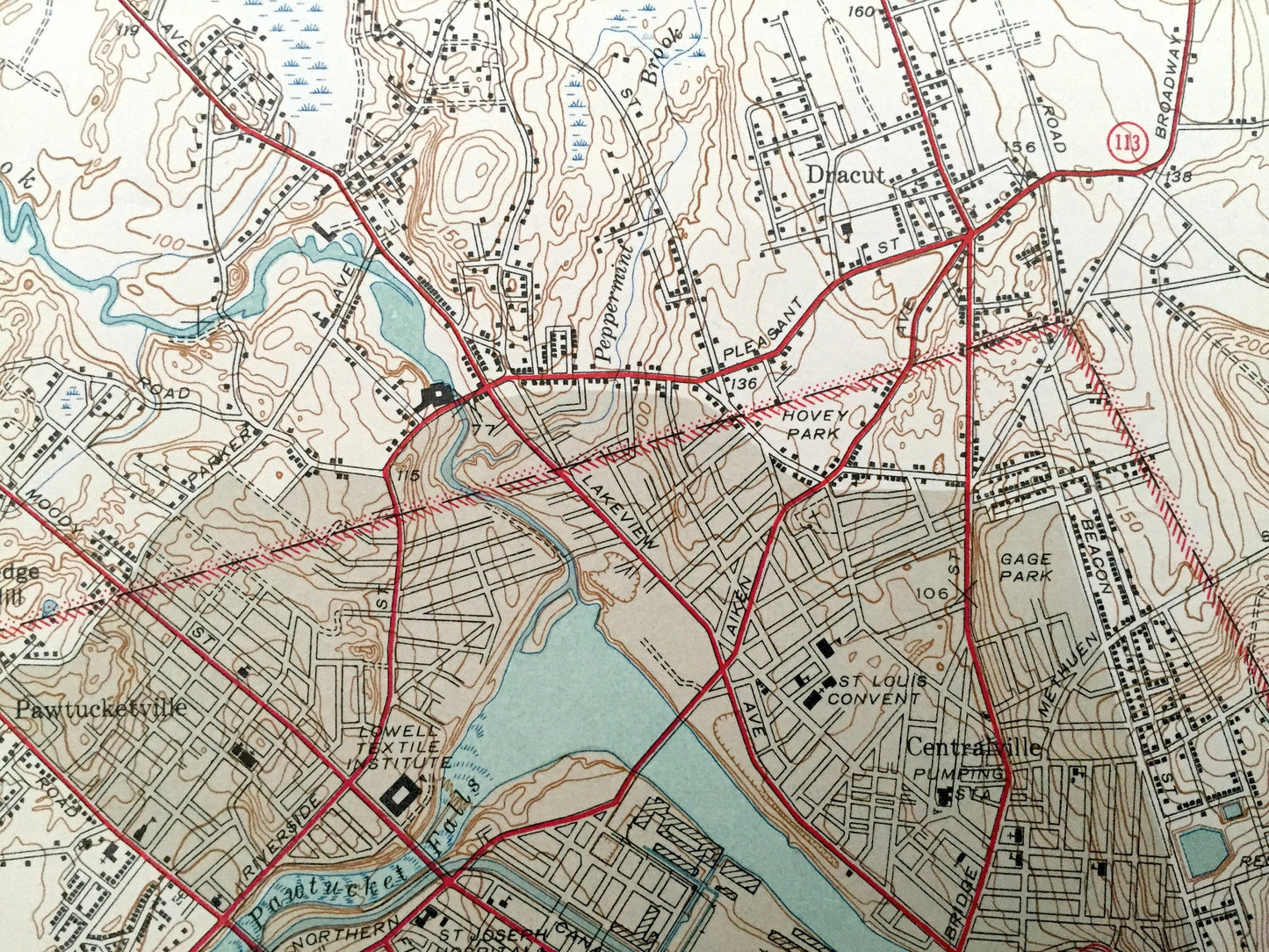 Antique Lowell, Massachusetts 1941 US Geological Survey Topographic Map – Middlesex County, Dracut, Chelmsford, Tewksbury Merrimack UMass MA