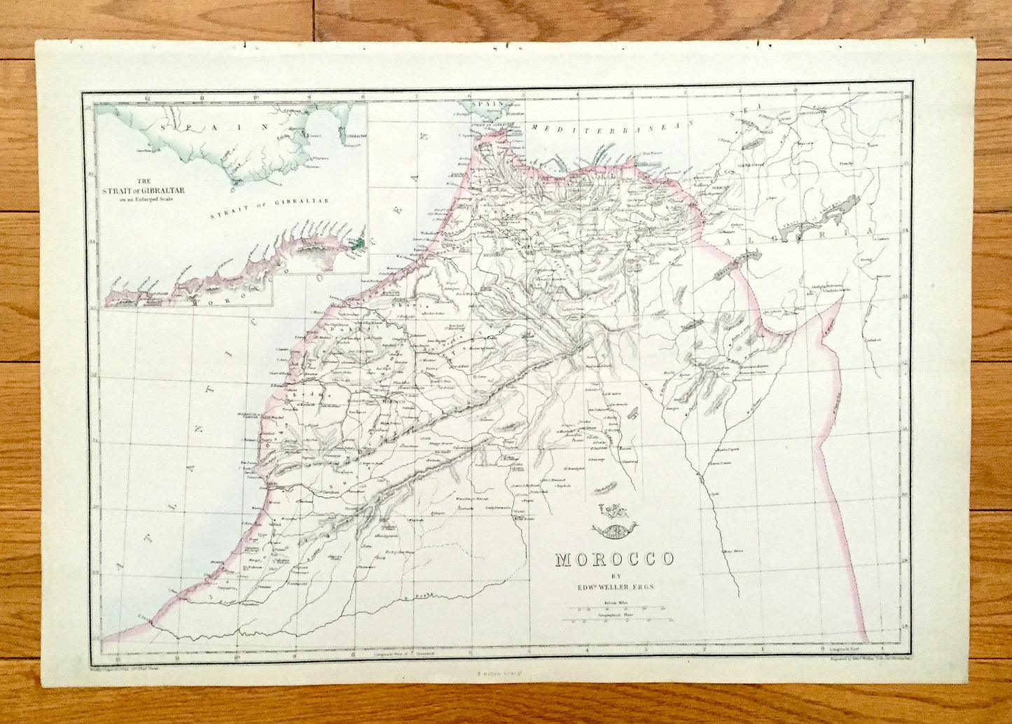 Antique 1863 Morocco Map by Weller & Weekly Dispatch – Strait of Gibraltar, Atlas Mountains, Algeria, Tangier, Rabat, Marrakesh, Fez, Oran