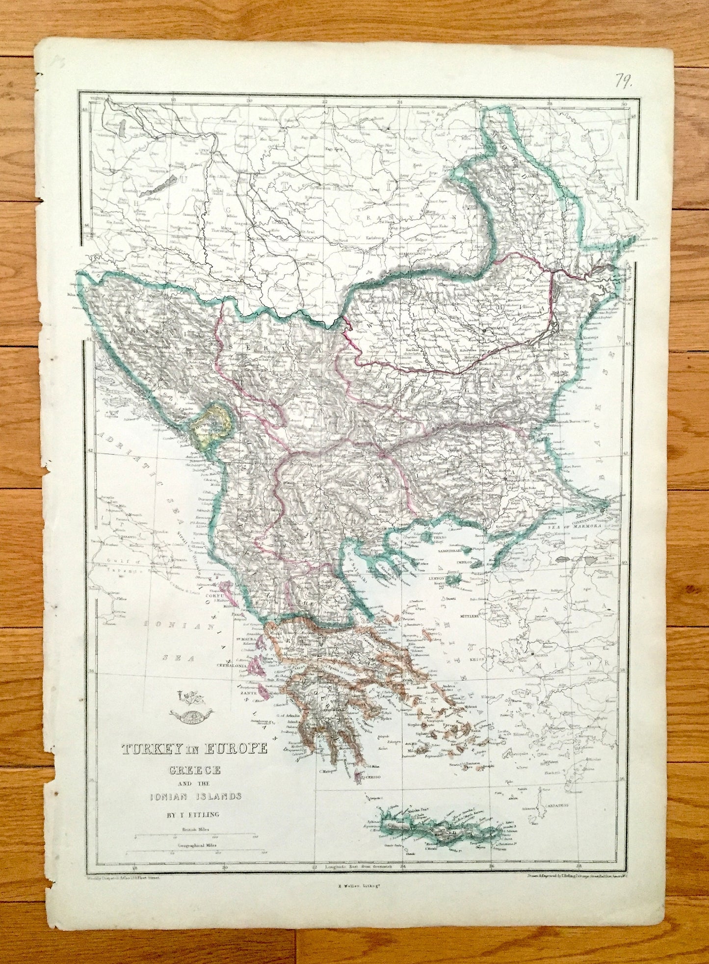 Antique 1863 Turkey and Greece Map by Ettling & Weekly Dispatch – Albania, Bulgaria, Romania, Serbia, Athens, Istanbul, Dubrovnik, Cyclades