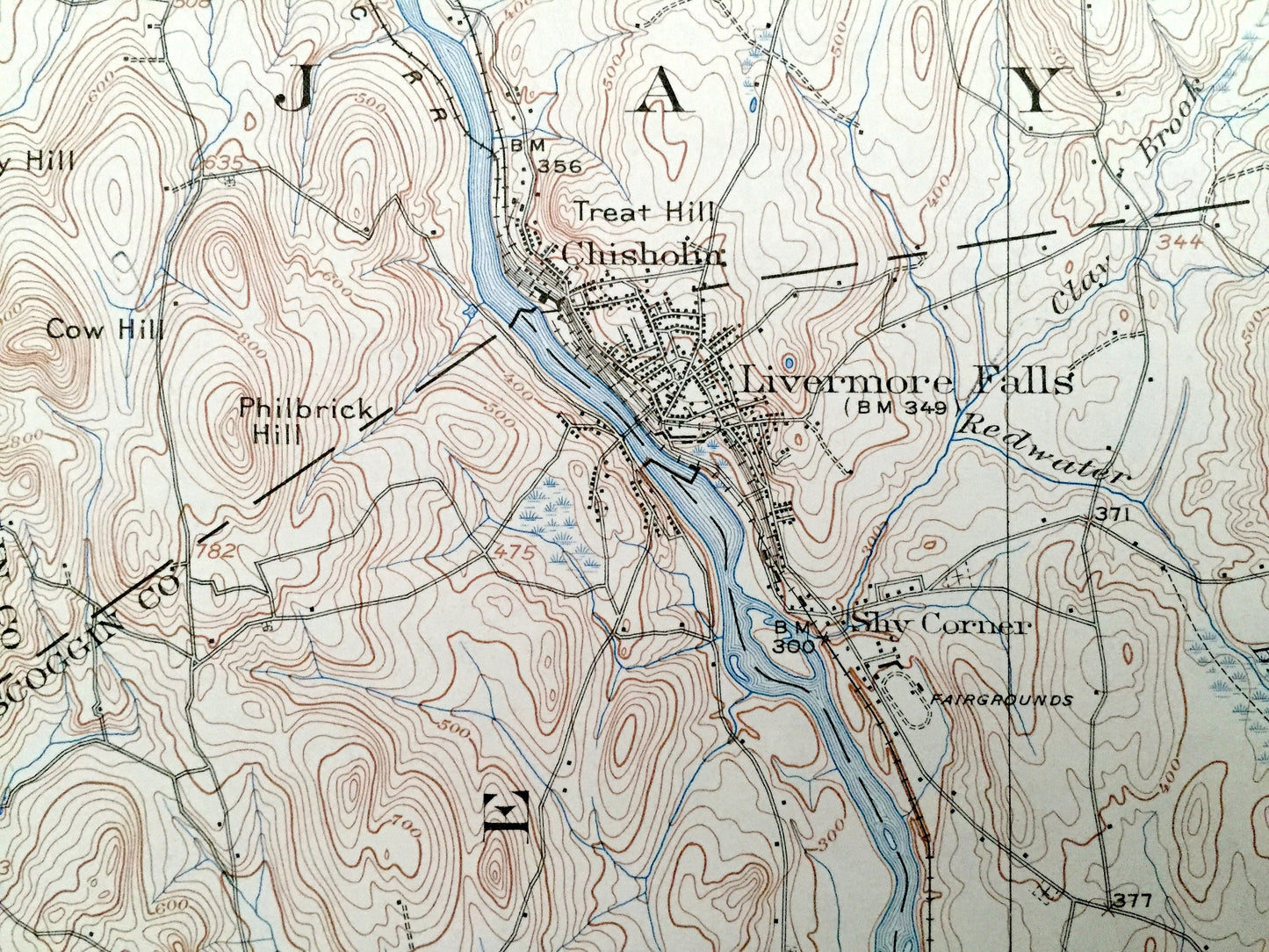 Antique Livermore Falls, Maine 1910 US Geological Survey Topographic Map – Androscoggin River & Lake, Wayne, Leeds, Fayette, Mount Vernon ME