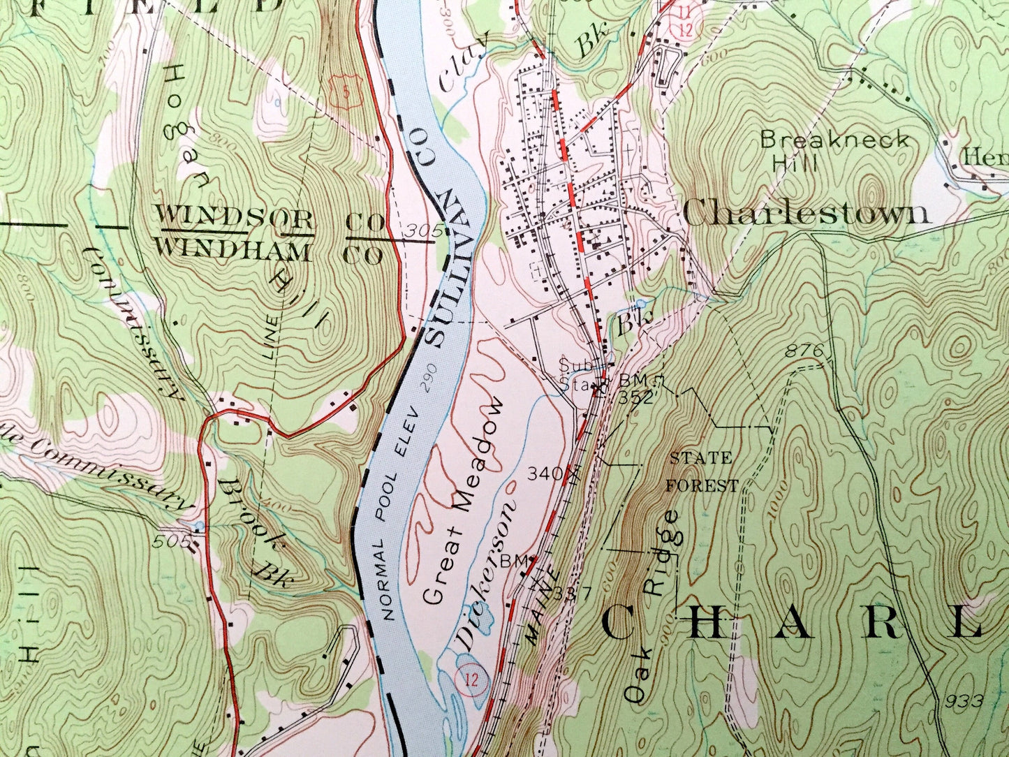 Antique Bellows Falls, Vermont & New Hampshire 1957 US Geological Survey Topographic Map – Walpole, Rockingham, Charlestown, Gilsum Surry VT
