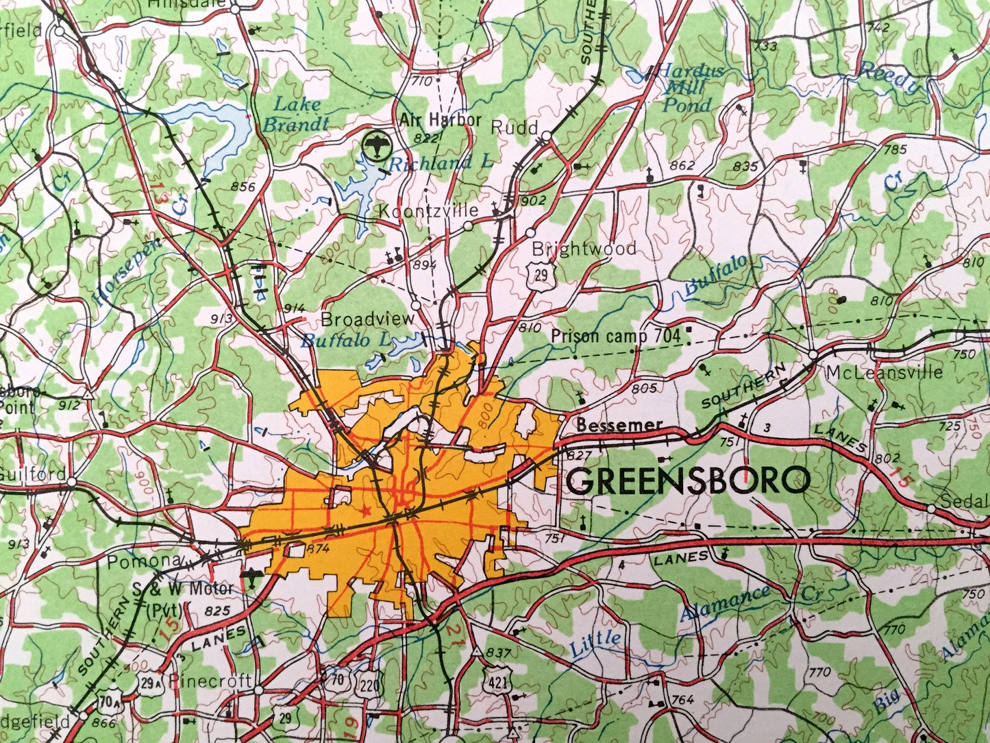 Antique Greensboro, North Carolina 1962 US Geological Survey Topographic Map – Virginia, Burlington, Durham, Reidsville Leaksville Graham NC