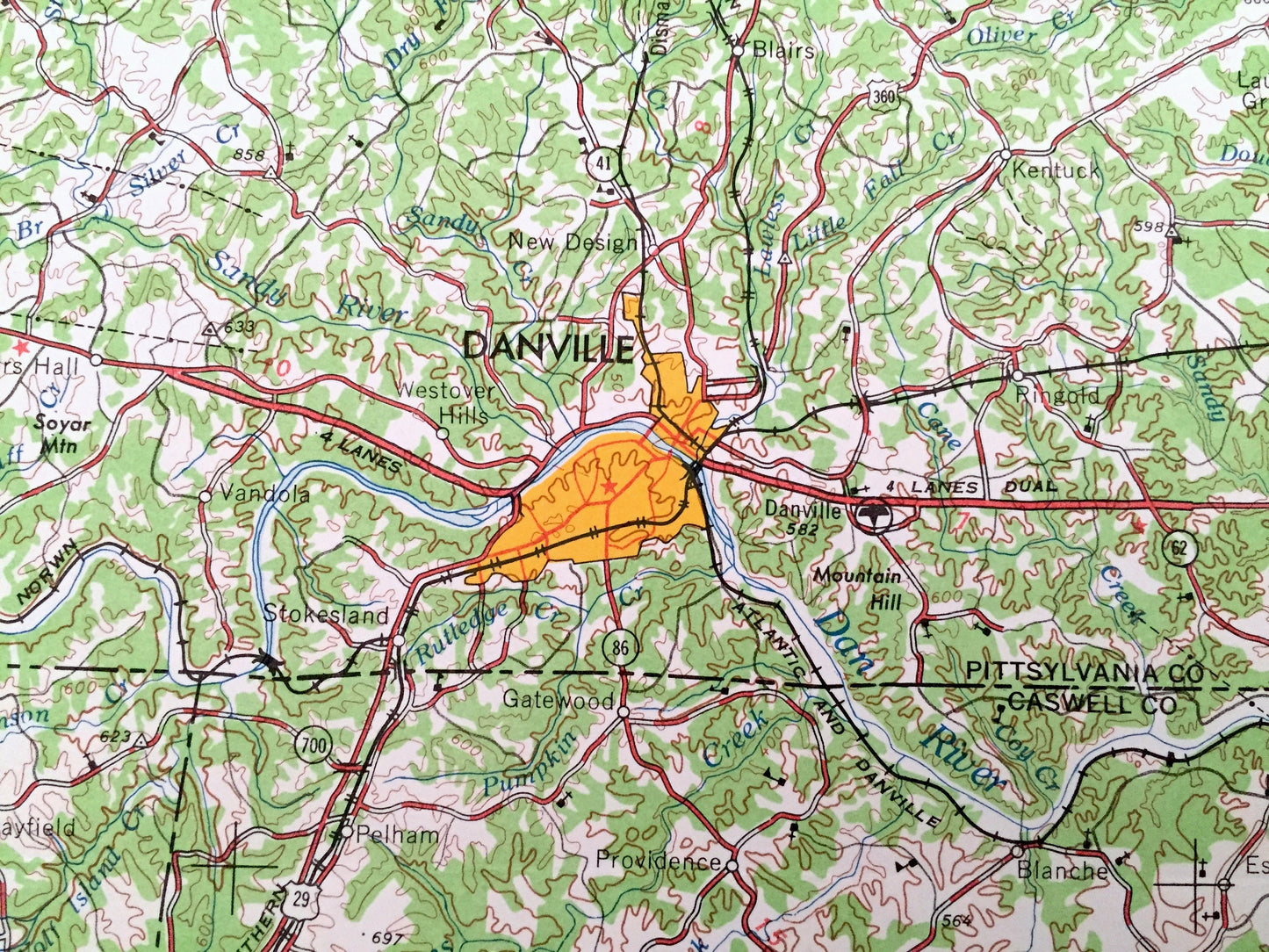 Antique Greensboro, North Carolina 1962 US Geological Survey Topographic Map – Virginia, Burlington, Durham, Reidsville Leaksville Graham NC
