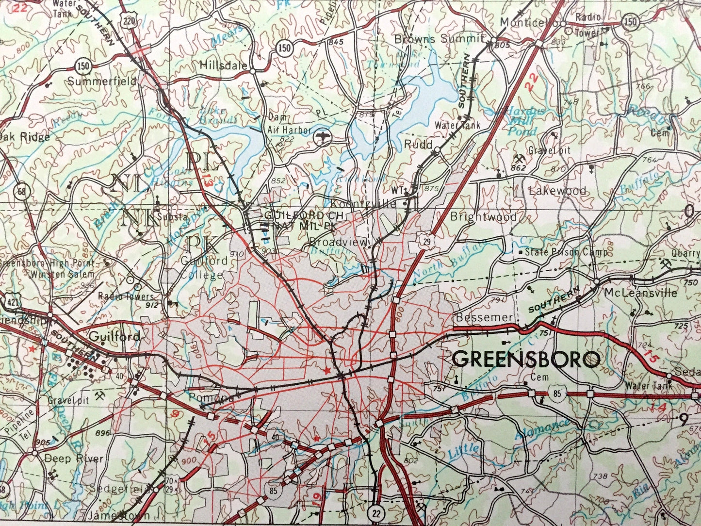 Antique Greensboro, North Carolina 1953 US Geological Survey Topographic Map – Virginia, Burlington, Durham, Reidsville Leaksville Graham NC