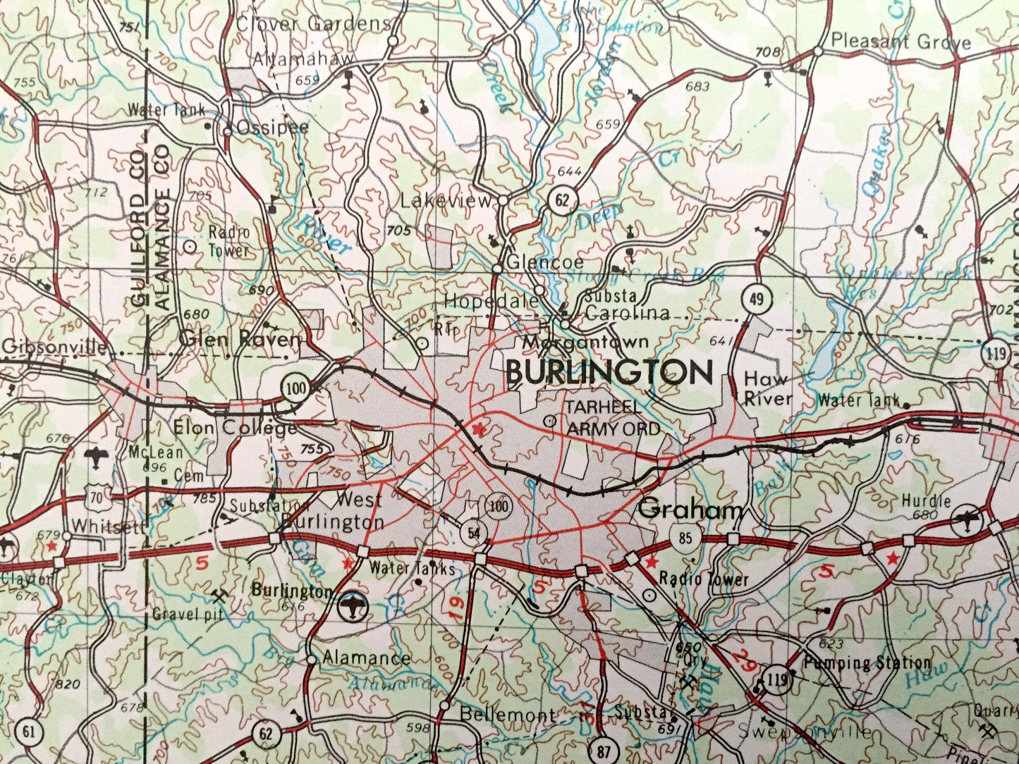 Antique Greensboro, North Carolina 1953 US Geological Survey Topographic Map – Virginia, Burlington, Durham, Reidsville Leaksville Graham NC