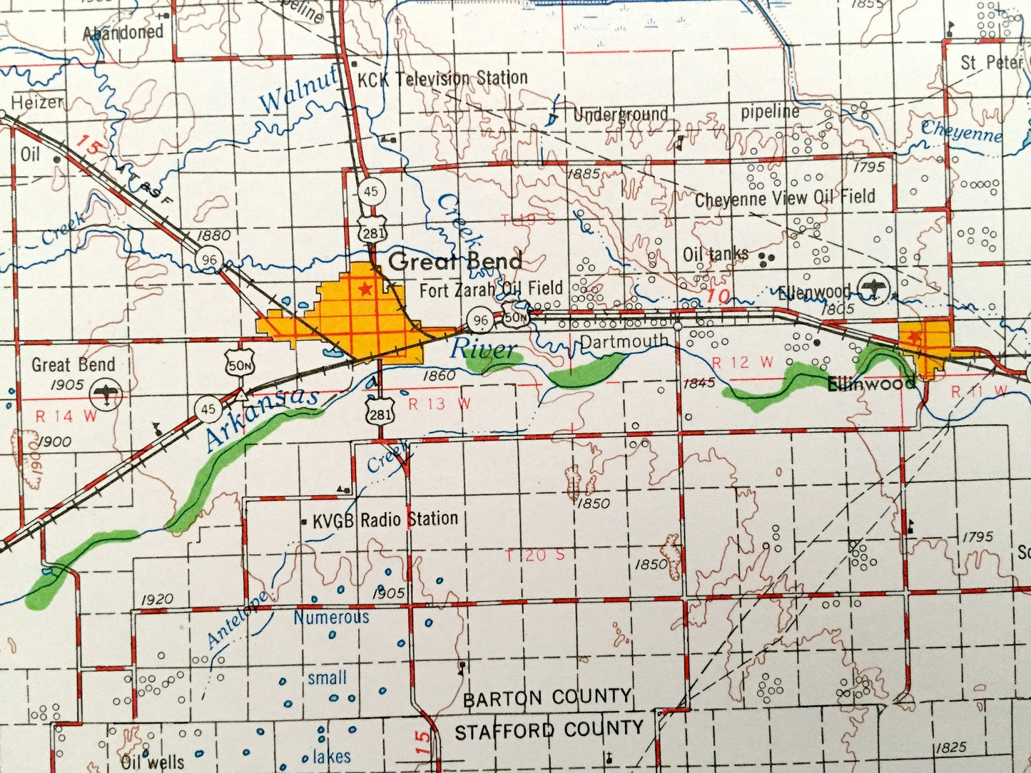 Antique Great Bend, Kansas 1958 US Geological Survey Topographic Map – Hoisington, Ellinwood, Larned, La Crosse, Ness City, Hays, Ellsworth