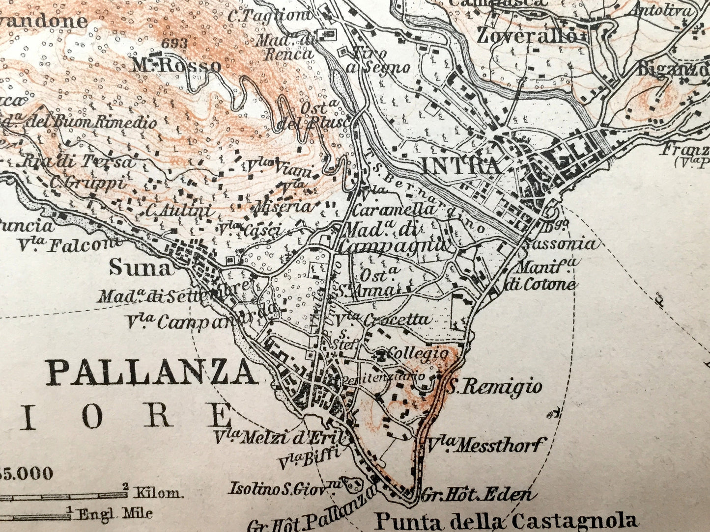 Antique 1904 Pallanza & Stresa, Italy Map from Baedekers Guide – Lago Maggiore, Verbano-Cusio-Ossola, Piedmont, Baveno, Intra, Castagnola