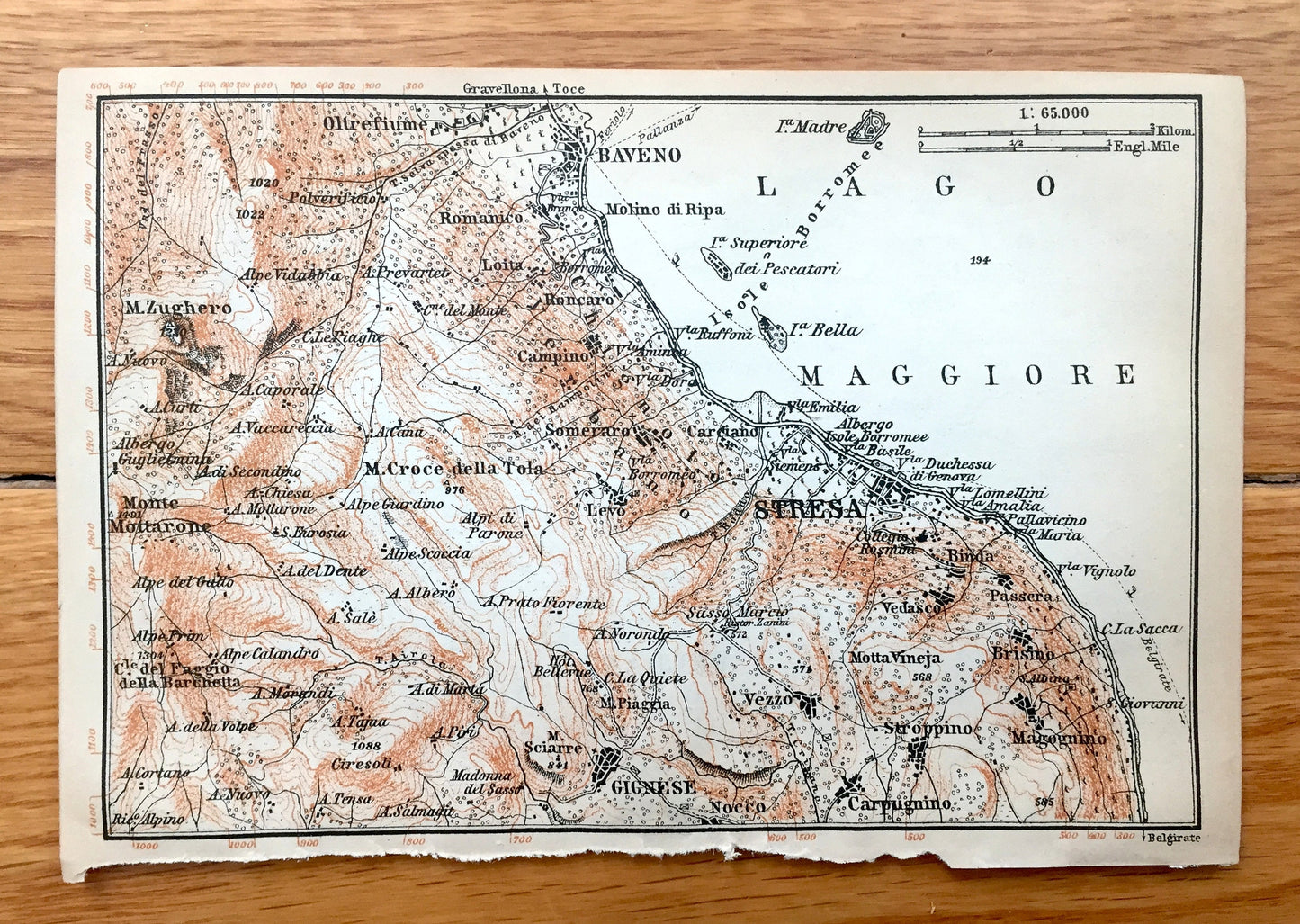 Antique 1904 Pallanza & Stresa, Italy Map from Baedekers Guide – Lago Maggiore, Verbano-Cusio-Ossola, Piedmont, Baveno, Intra, Castagnola