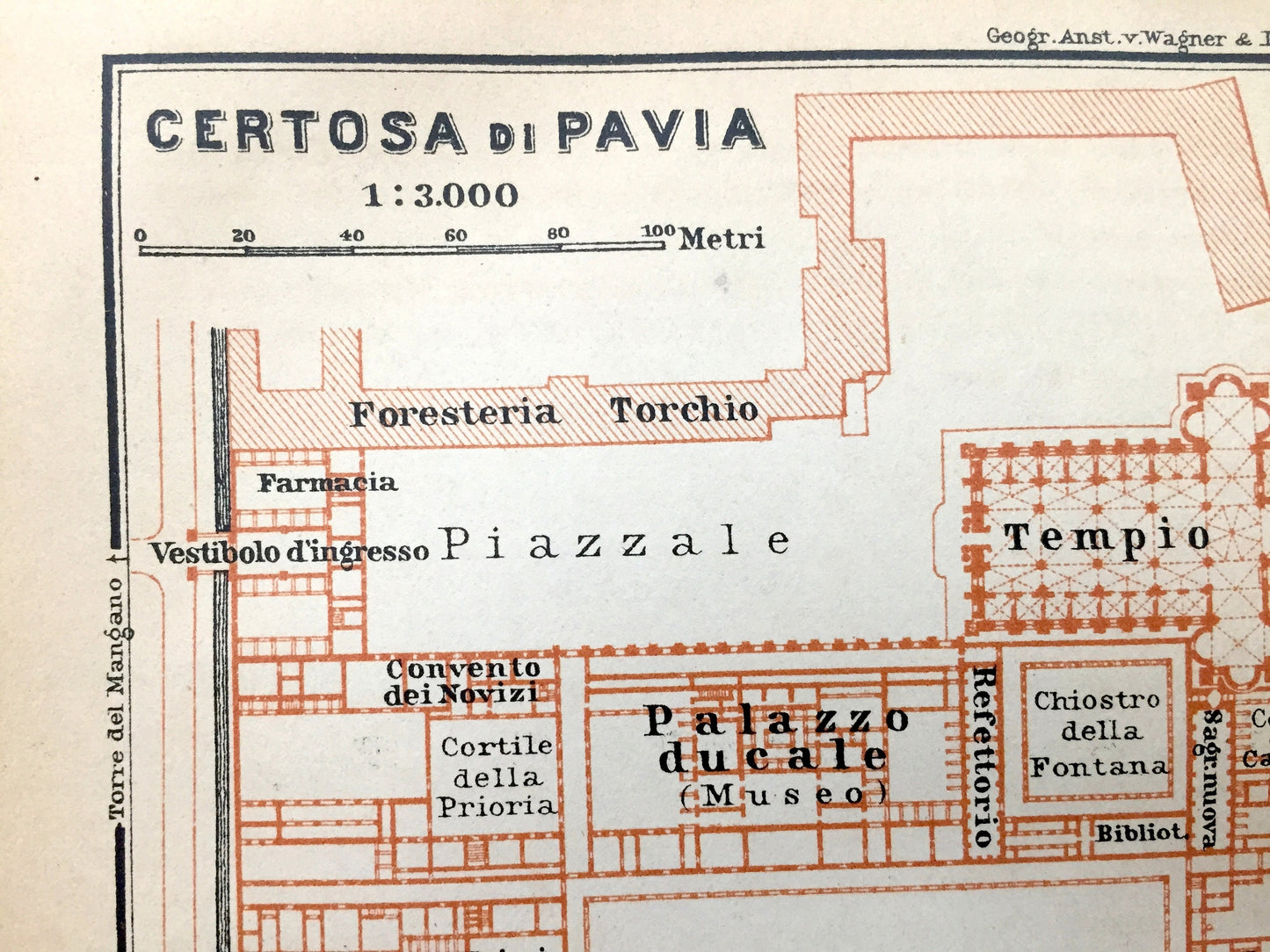 Antique 1904 Certosa di Pavia, Italy Map from Baedekers Guide – Lombardy, Monastery, Torre del Mangano, Naviglio di Pavia, Piazzale, Italia