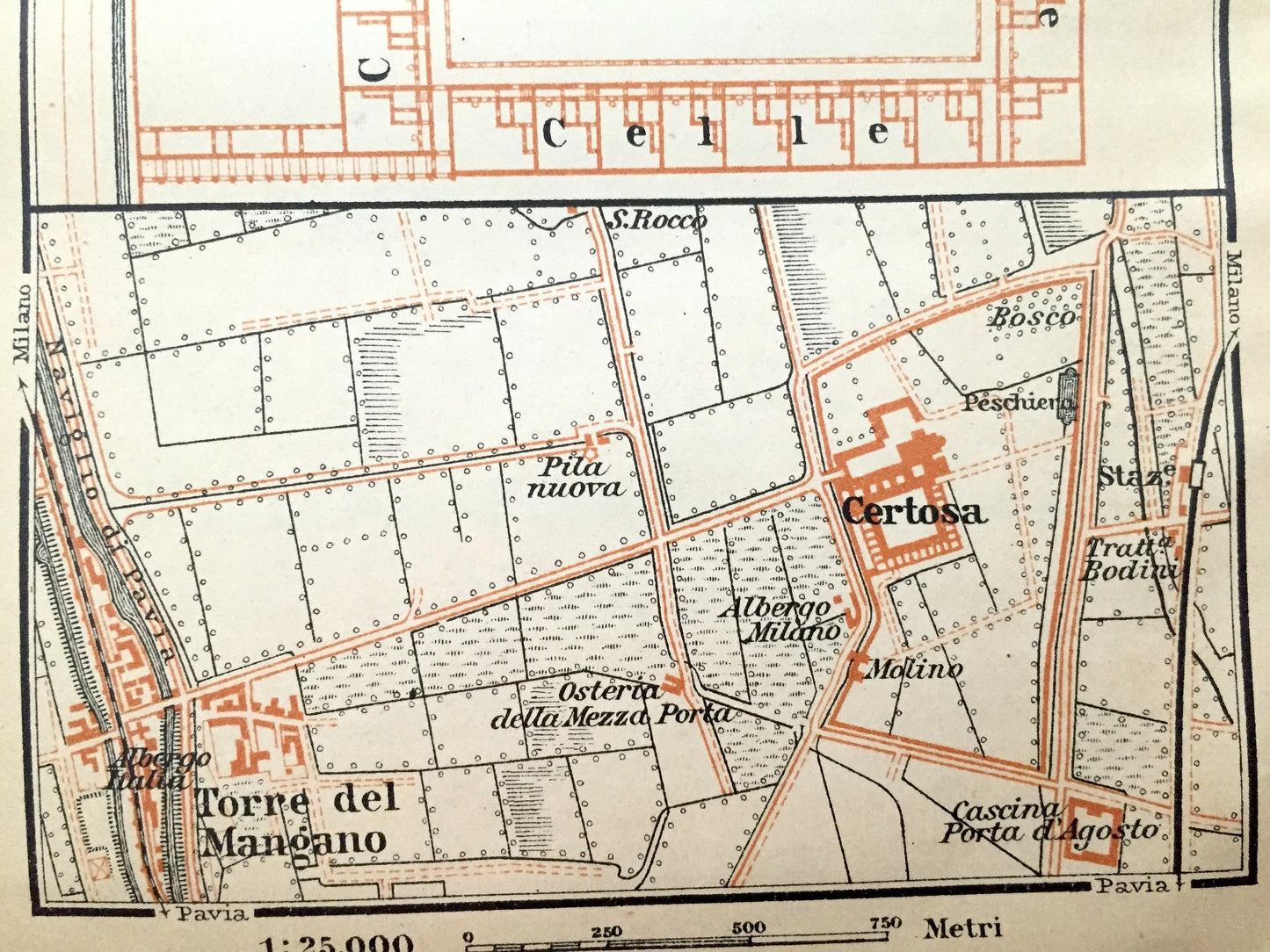 Antique 1904 Certosa di Pavia, Italy Map from Baedekers Guide – Lombardy, Monastery, Torre del Mangano, Naviglio di Pavia, Piazzale, Italia