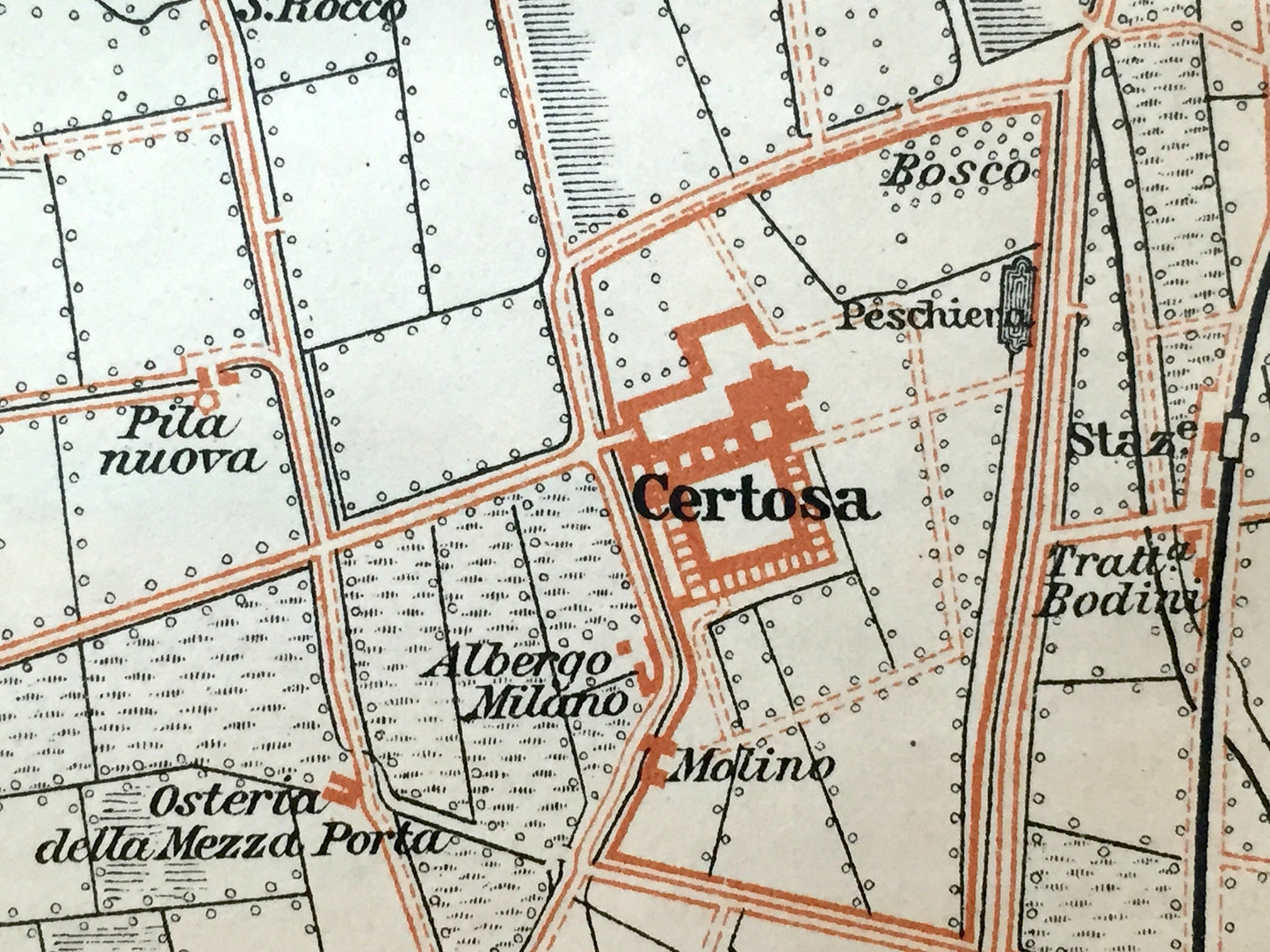 Antique 1904 Certosa di Pavia, Italy Map from Baedekers Guide – Lombardy, Monastery, Torre del Mangano, Naviglio di Pavia, Piazzale, Italia