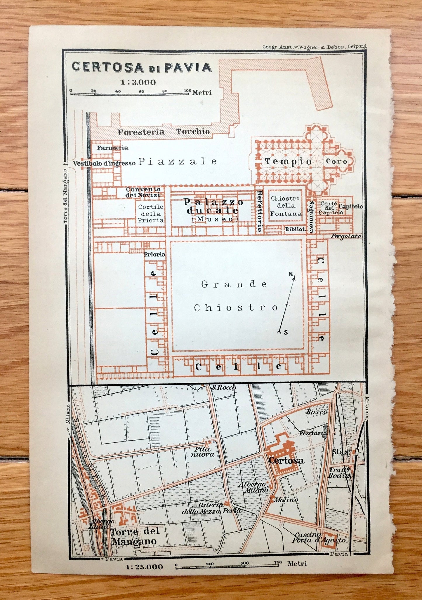 Antique 1904 Certosa di Pavia, Italy Map from Baedekers Guide – Lombardy, Monastery, Torre del Mangano, Naviglio di Pavia, Piazzale, Italia