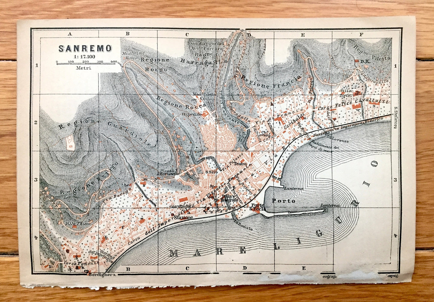 Antique 1904 Sanremo, Italy Map from Baedekers Guide – Imperia, Liguria, Villa Ormond, Casino, Mare Ligurio, Ariston Theater, San Remo