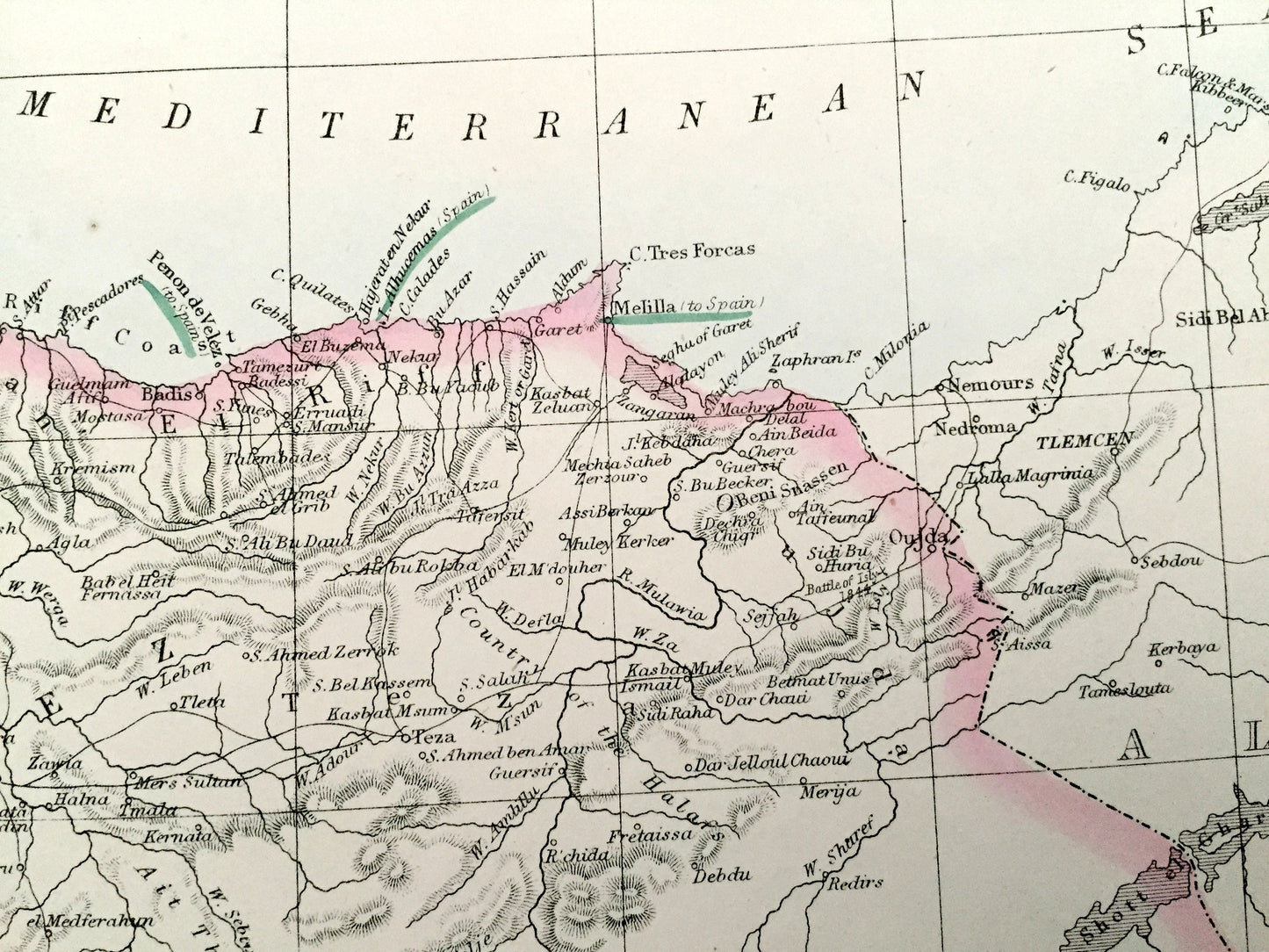 Antique 1863 Morocco Map by Weller & Weekly Dispatch – Strait of Gibraltar, Atlas Mountains, Algeria, Tangier, Rabat, Marrakesh, Fez, Oran