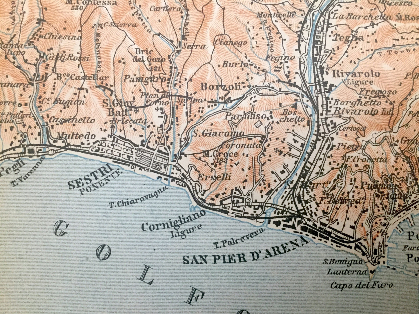 Antique 1904 Contorni di Genoa, Italy Map from Baedekers Guide – Liguria, Genova, Pontedecimo, Sestri, Nervi, Bolzaneto, Trensasco, Pegli