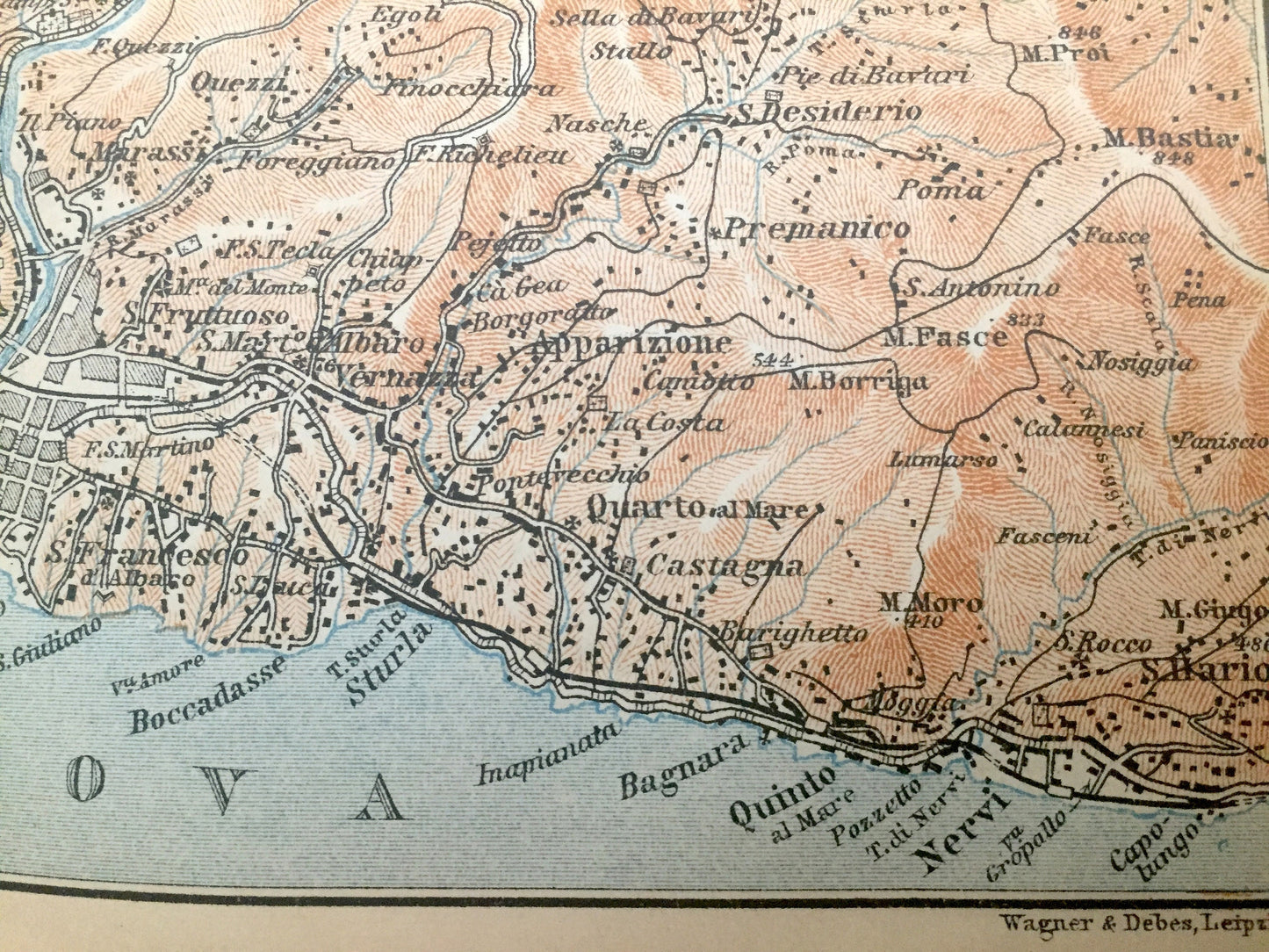 Antique 1904 Contorni di Genoa, Italy Map from Baedekers Guide – Liguria, Genova, Pontedecimo, Sestri, Nervi, Bolzaneto, Trensasco, Pegli