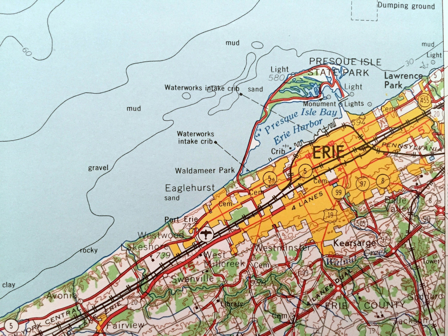 Antique Erie, Pennsylvania 1965 US Geological Survey Topographic Map – Lawrence Park, Lake City, Girard, Fairview, Ohio, London, Ontario PA