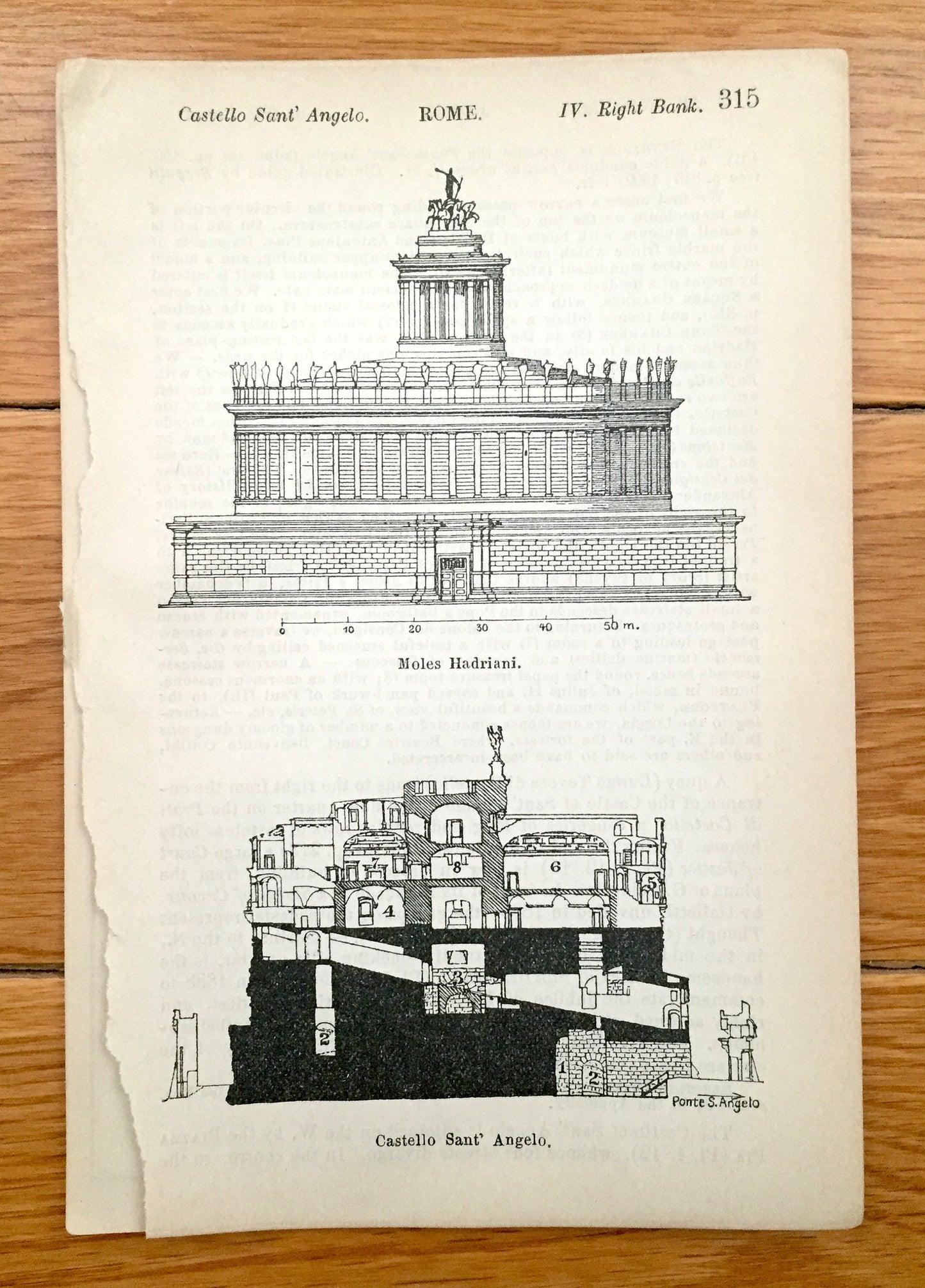 Antique 1904 Castel Sant' Angelo, Rome Italy Illustration from Baedekers Guide – Moles Hadriana, Hadrian, Ponte, Castle, Castello, Pen Ink