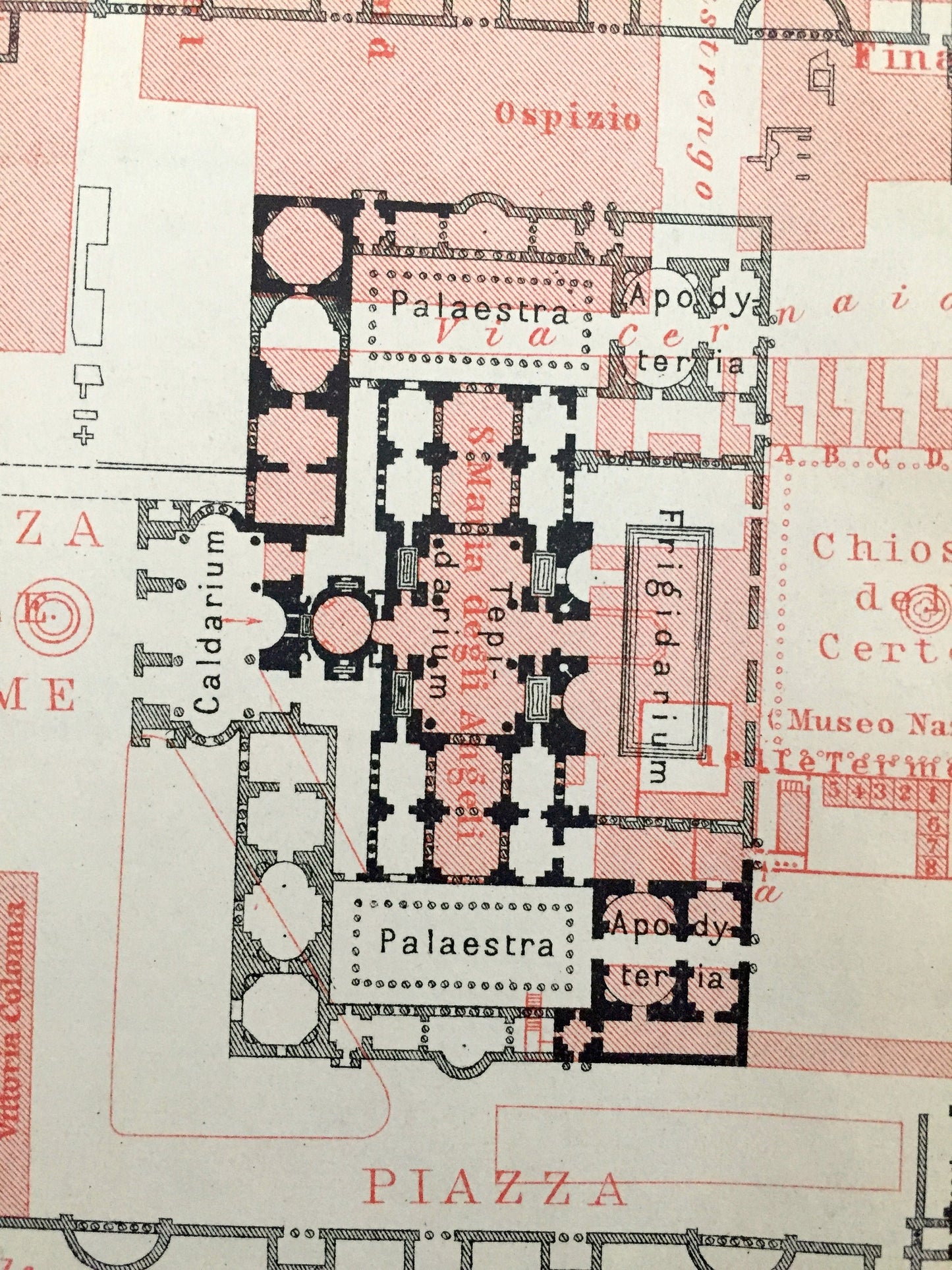 Antique 1904 Baths of Diocletian, Rome Italy Illustration from Baedekers Guide – Thermae Diocletianae, Roma, Viminal Hill, Piazza Terme