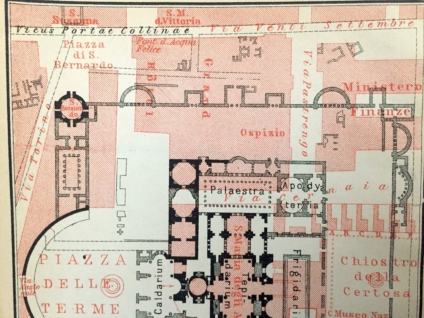 Antique 1904 Baths of Diocletian, Rome Italy Illustration from Baedekers Guide – Thermae Diocletianae, Roma, Viminal Hill, Piazza Terme
