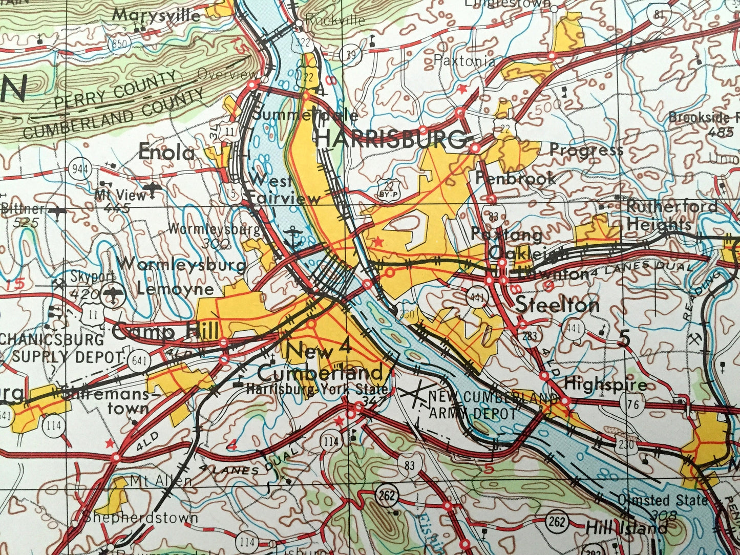 Antique Harrisburg, Pennsylvania 1957 US Geological Survey Topographic Map – Mechanicsburg, Hershey, Lebanon Middletown Lancaster Ephrata PA