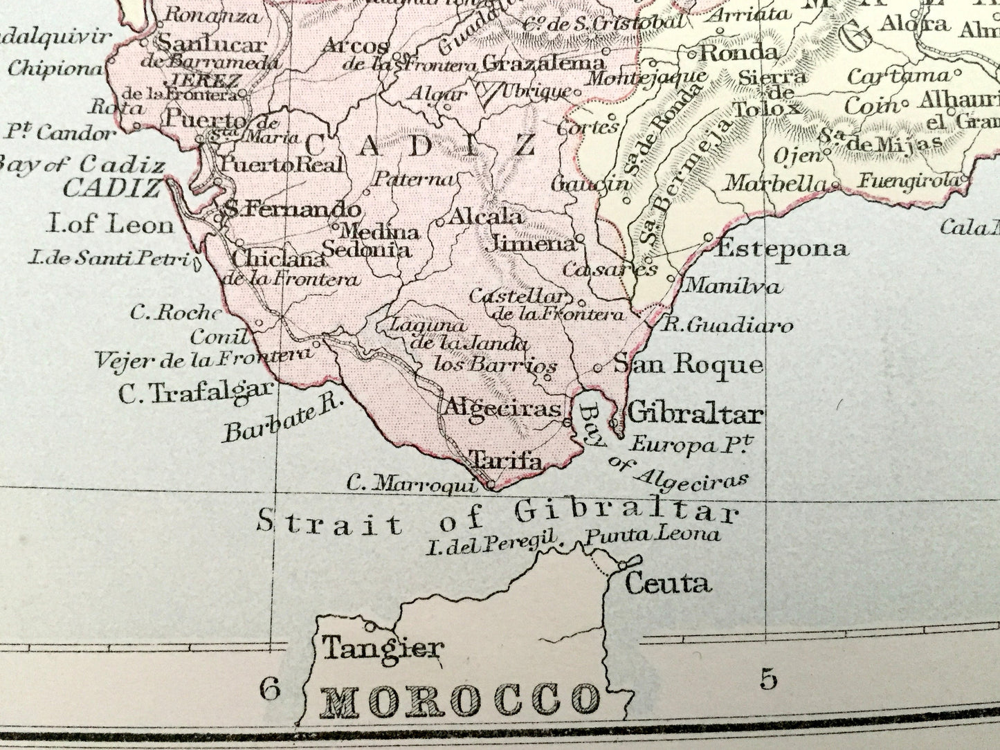 Antique 1888 Spain and Portugal Map from A & C Black's World Atlas – Madrid, Barcelona, Lisbon, Coimbra, Serra da Estrela, Gulf of Valencia
