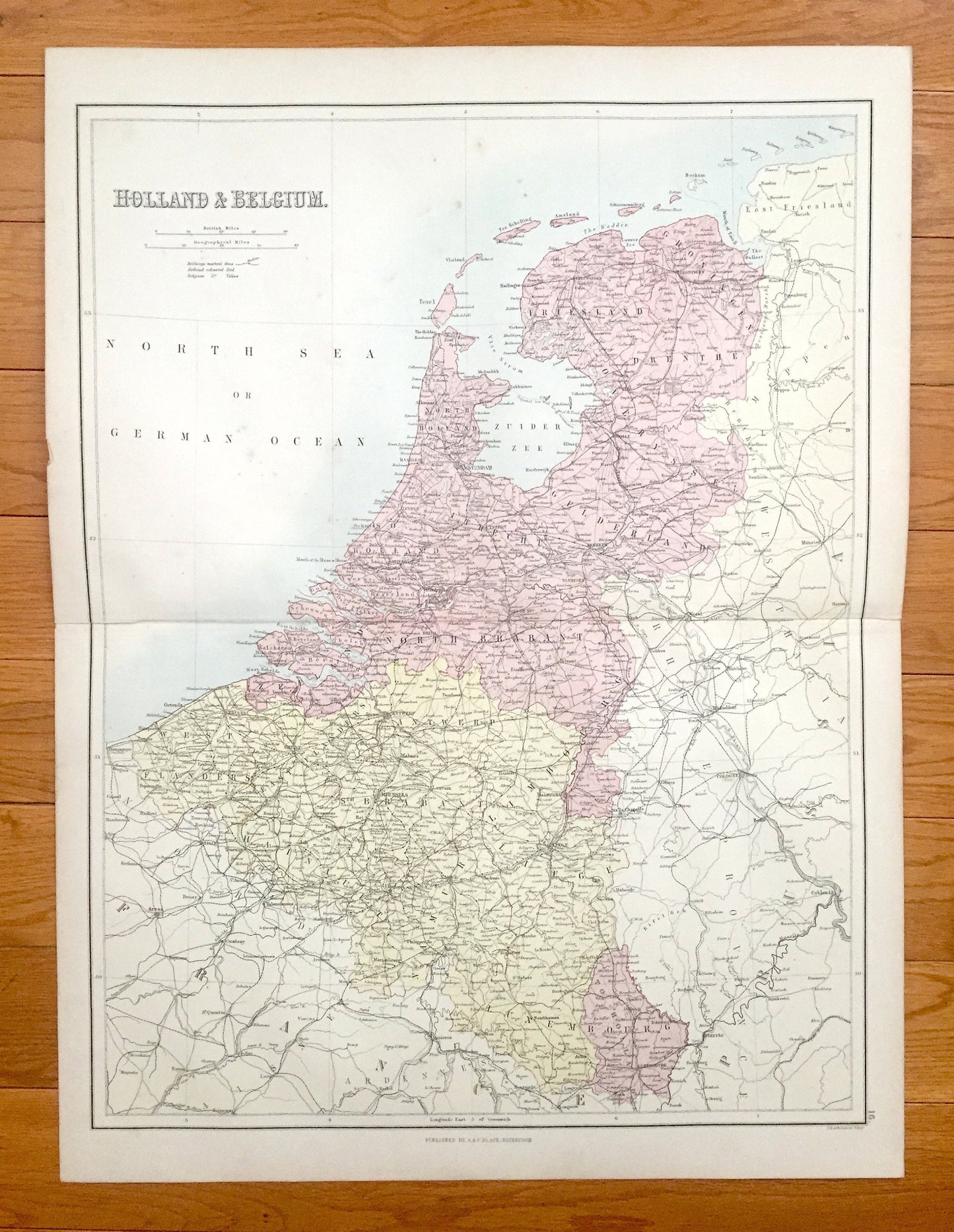 Antique 1888 Holland and Belgium Map from A & C Black's World Atlas – France, Germany, Amsterdam, Brussels, Ghent, North Sea, Moselle River