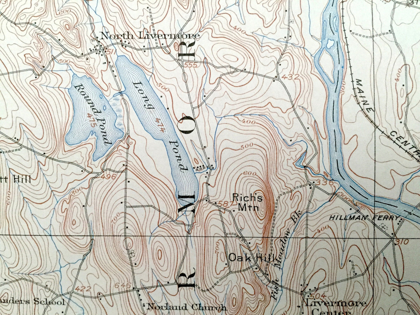 Antique Livermore Falls, Maine 1910 US Geological Survey Topographic Map – Androscoggin River & Lake, Wayne, Leeds, Fayette, Mount Vernon ME
