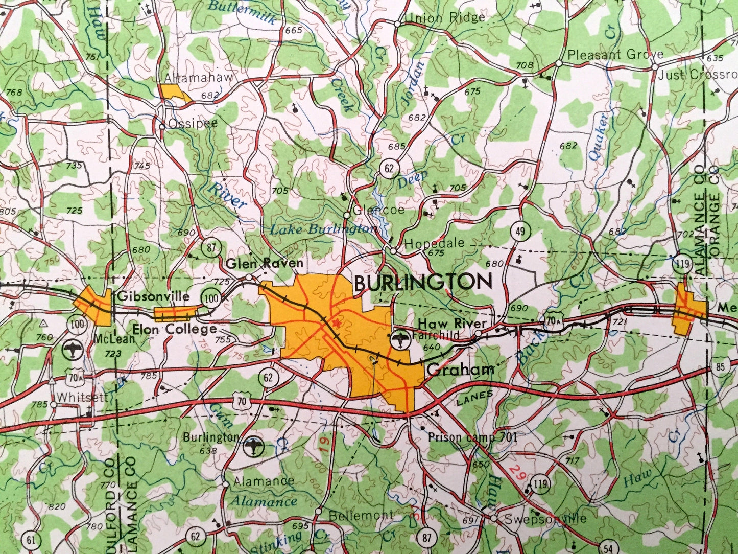 Antique Greensboro, North Carolina 1962 US Geological Survey Topographic Map – Virginia, Burlington, Durham, Reidsville Leaksville Graham NC
