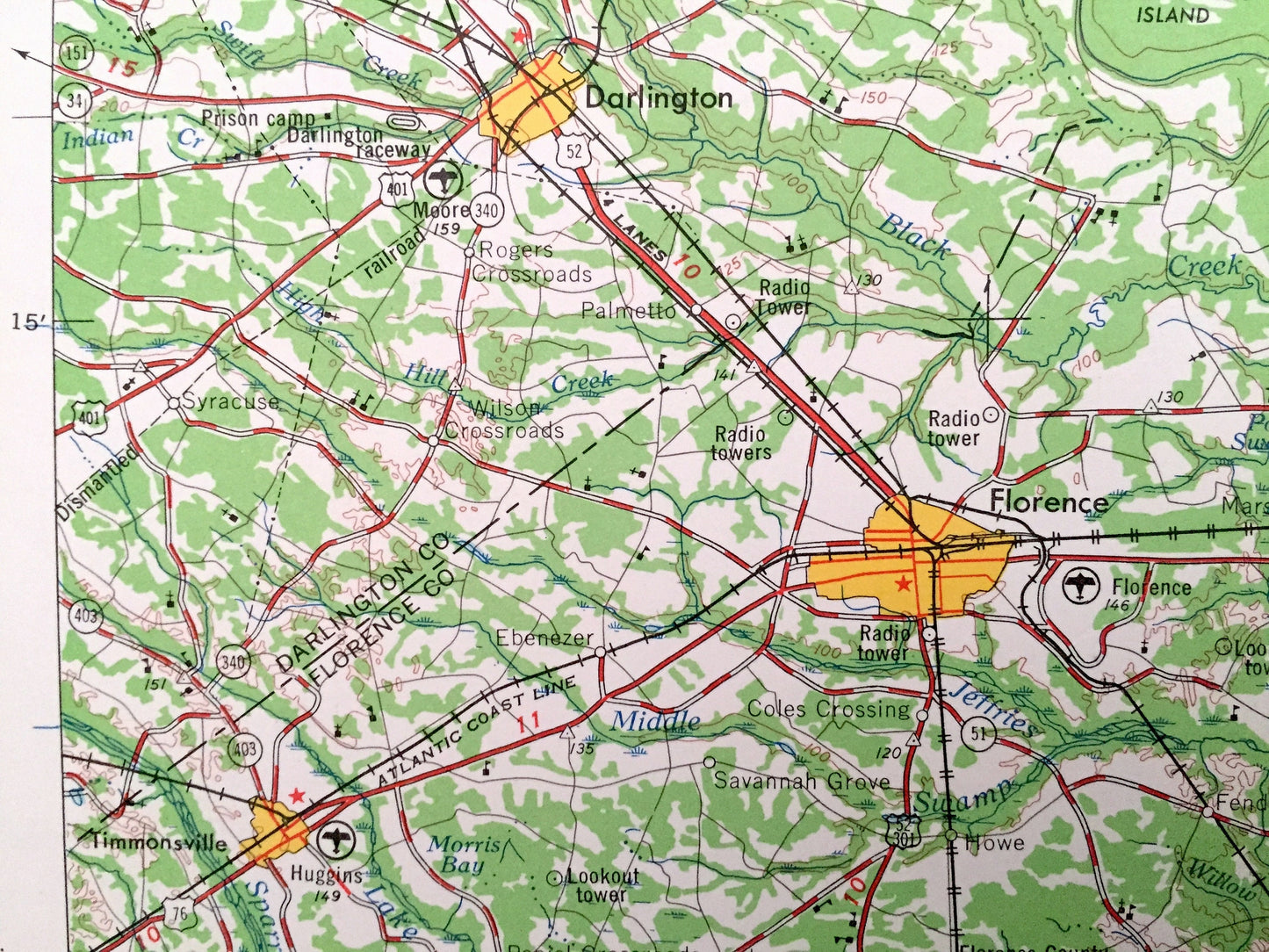 Antique Florence, South Carolina 1953 US Geological Survey Topographic Map – North Carolina, Darlington, Timmonsville, Marion, Mullins SC NC