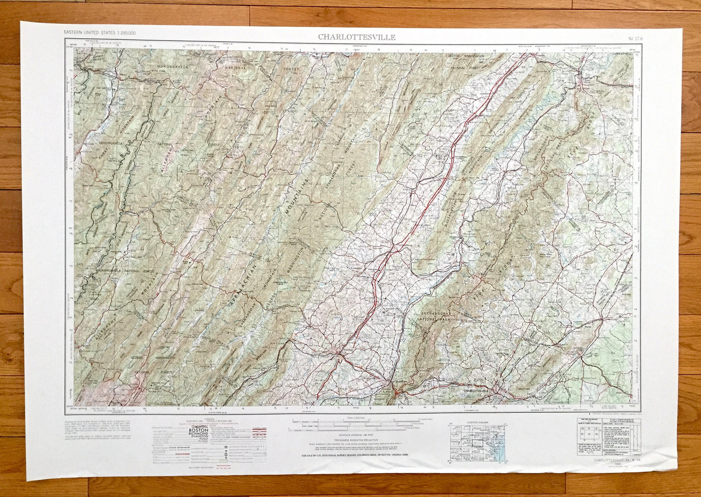 Antique Charlottesville, Virginia 1956 US Geological Survey Topographic Map – Waynesboro, Staunton, Harrisonburg, Shenandoah Luray Elkton VA