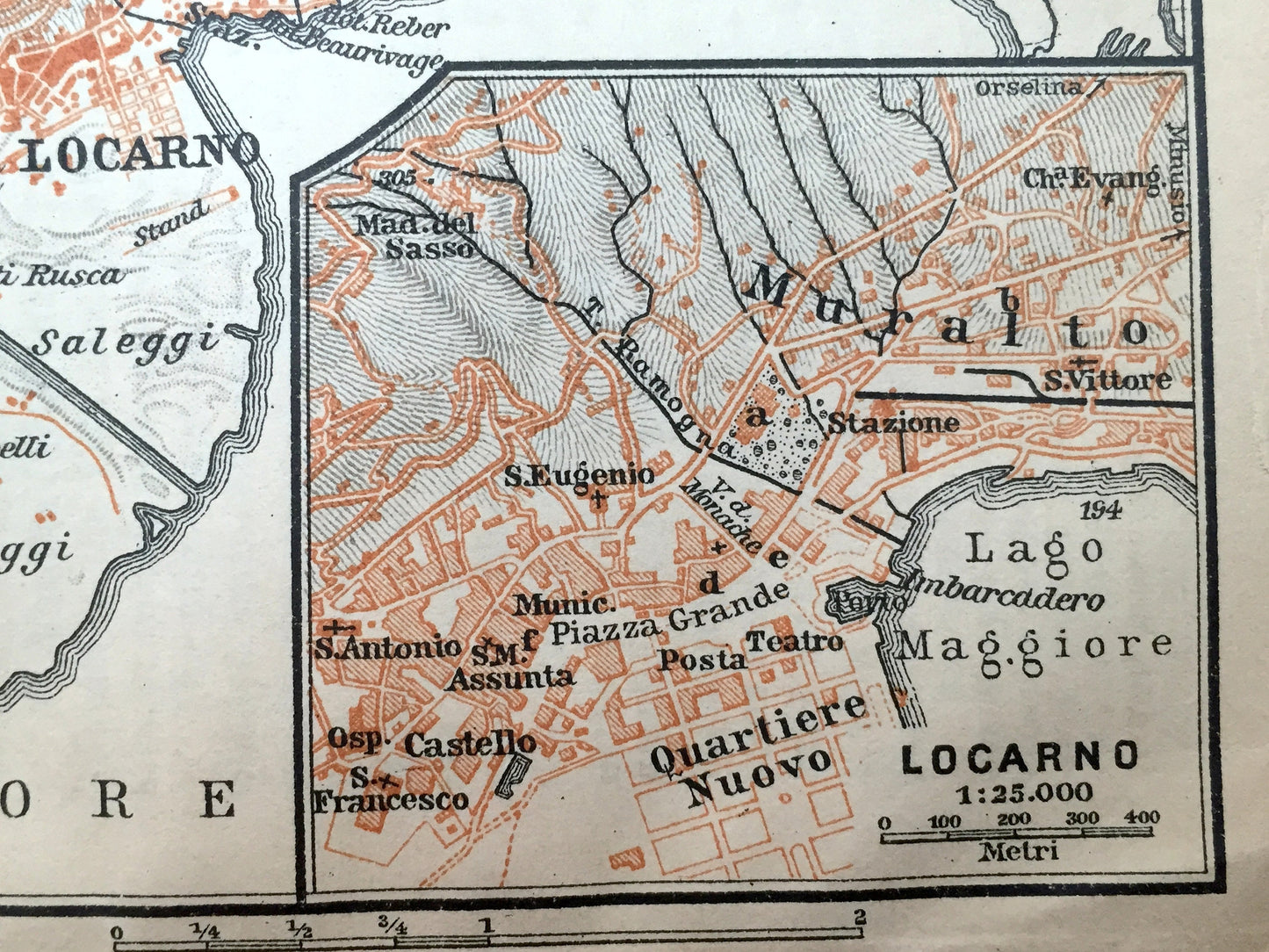 Antique 1904 Locarno, Switzerland Map from Baedekers Guide – Lago Maggiore, Alps, Losone, Ascona, Muralto, Gordola, Versico, Brione, Minusio