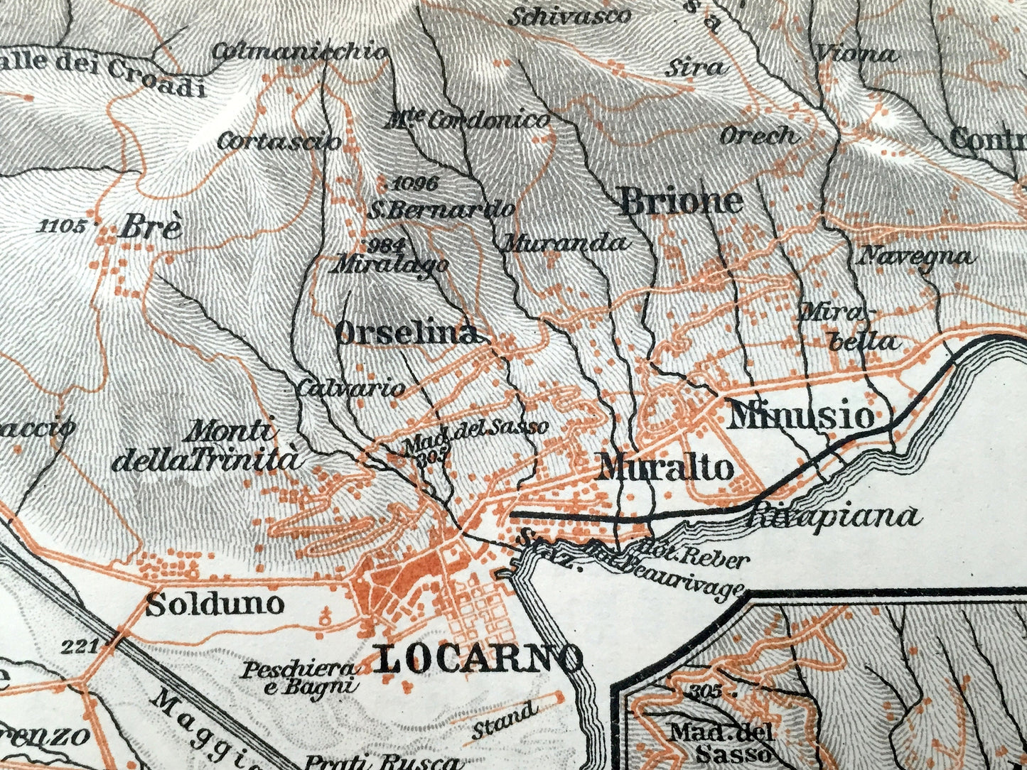 Antique 1904 Locarno, Switzerland Map from Baedekers Guide – Lago Maggiore, Alps, Losone, Ascona, Muralto, Gordola, Versico, Brione, Minusio