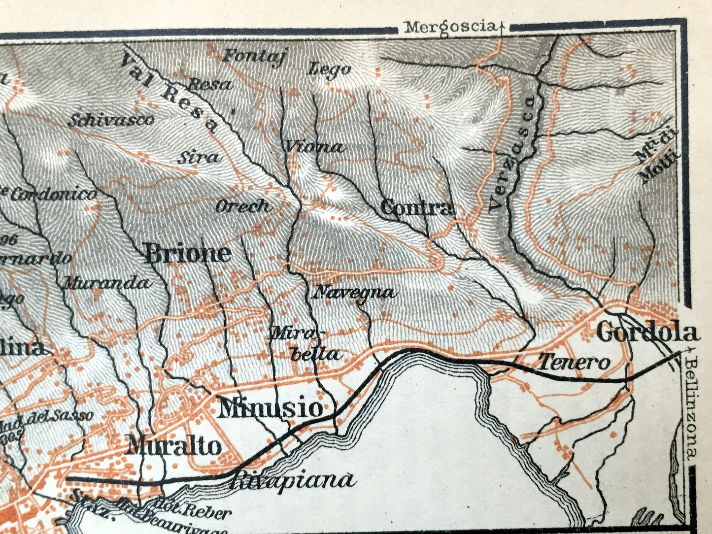 Antique 1904 Locarno, Switzerland Map from Baedekers Guide – Lago Maggiore, Alps, Losone, Ascona, Muralto, Gordola, Versico, Brione, Minusio