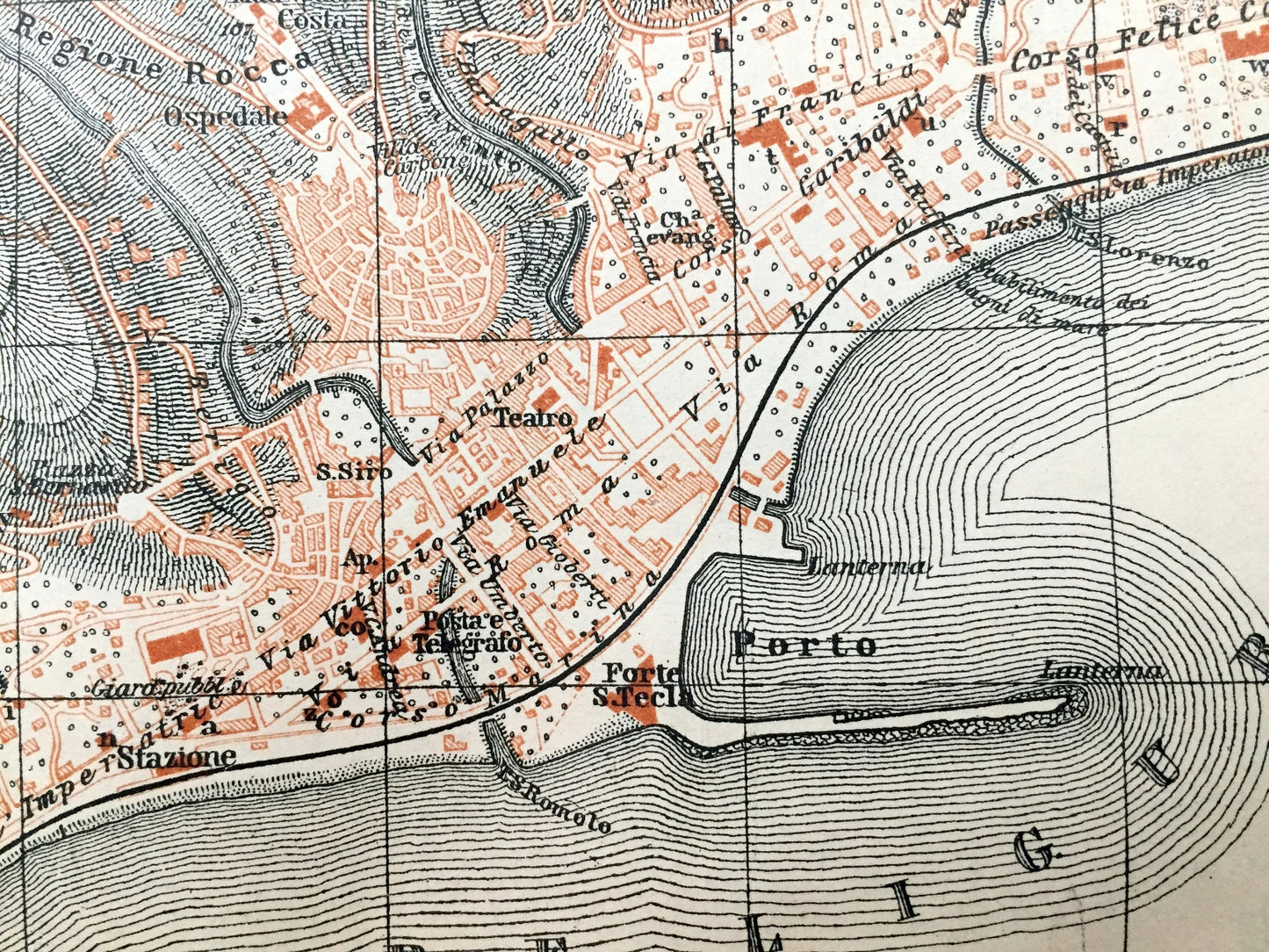 Antique 1904 Sanremo, Italy Map from Baedekers Guide – Imperia, Liguria, Villa Ormond, Casino, Mare Ligurio, Ariston Theater, San Remo