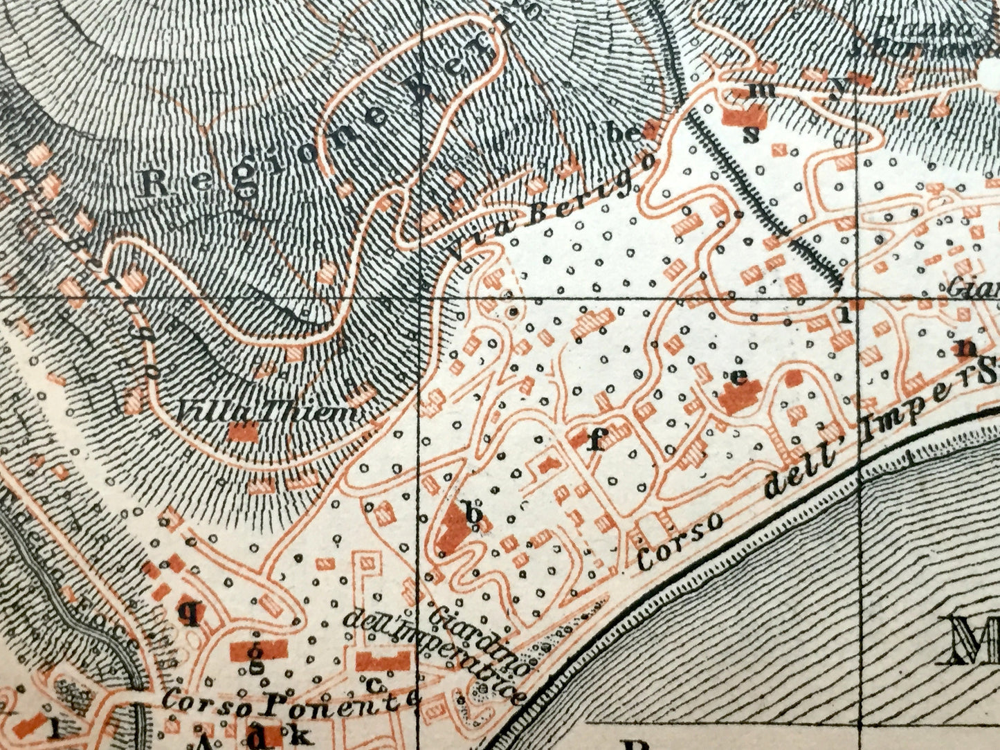 Antique 1904 Sanremo, Italy Map from Baedekers Guide – Imperia, Liguria, Villa Ormond, Casino, Mare Ligurio, Ariston Theater, San Remo