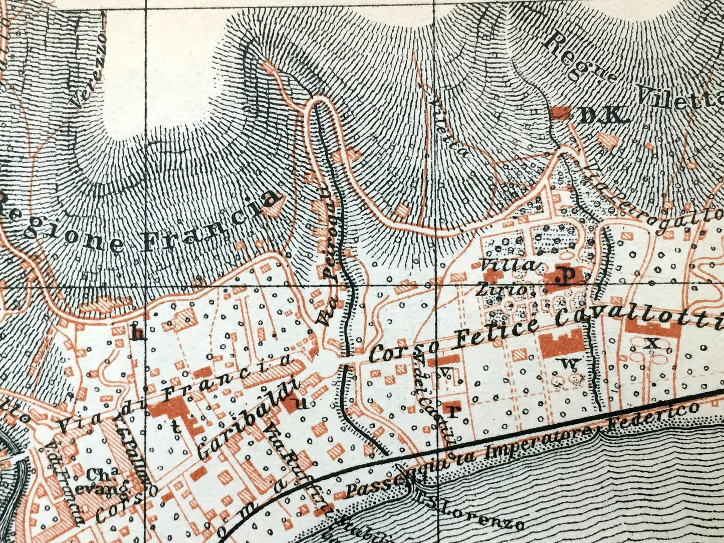 Antique 1904 Sanremo, Italy Map from Baedekers Guide – Imperia, Liguria, Villa Ormond, Casino, Mare Ligurio, Ariston Theater, San Remo