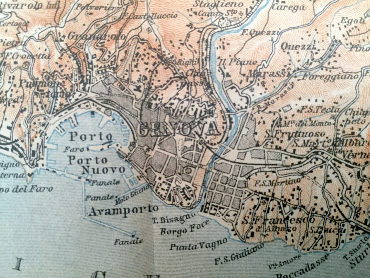 Antique 1904 Contorni di Genoa, Italy Map from Baedekers Guide – Liguria, Genova, Pontedecimo, Sestri, Nervi, Bolzaneto, Trensasco, Pegli