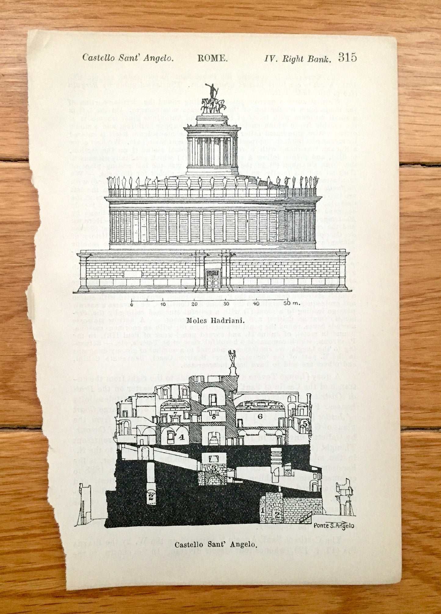 Antique 1904 Castel Sant' Angelo, Rome Italy Illustration from Baedekers Guide – Moles Hadriana, Hadrian, Ponte, Castle, Castello, Pen Ink
