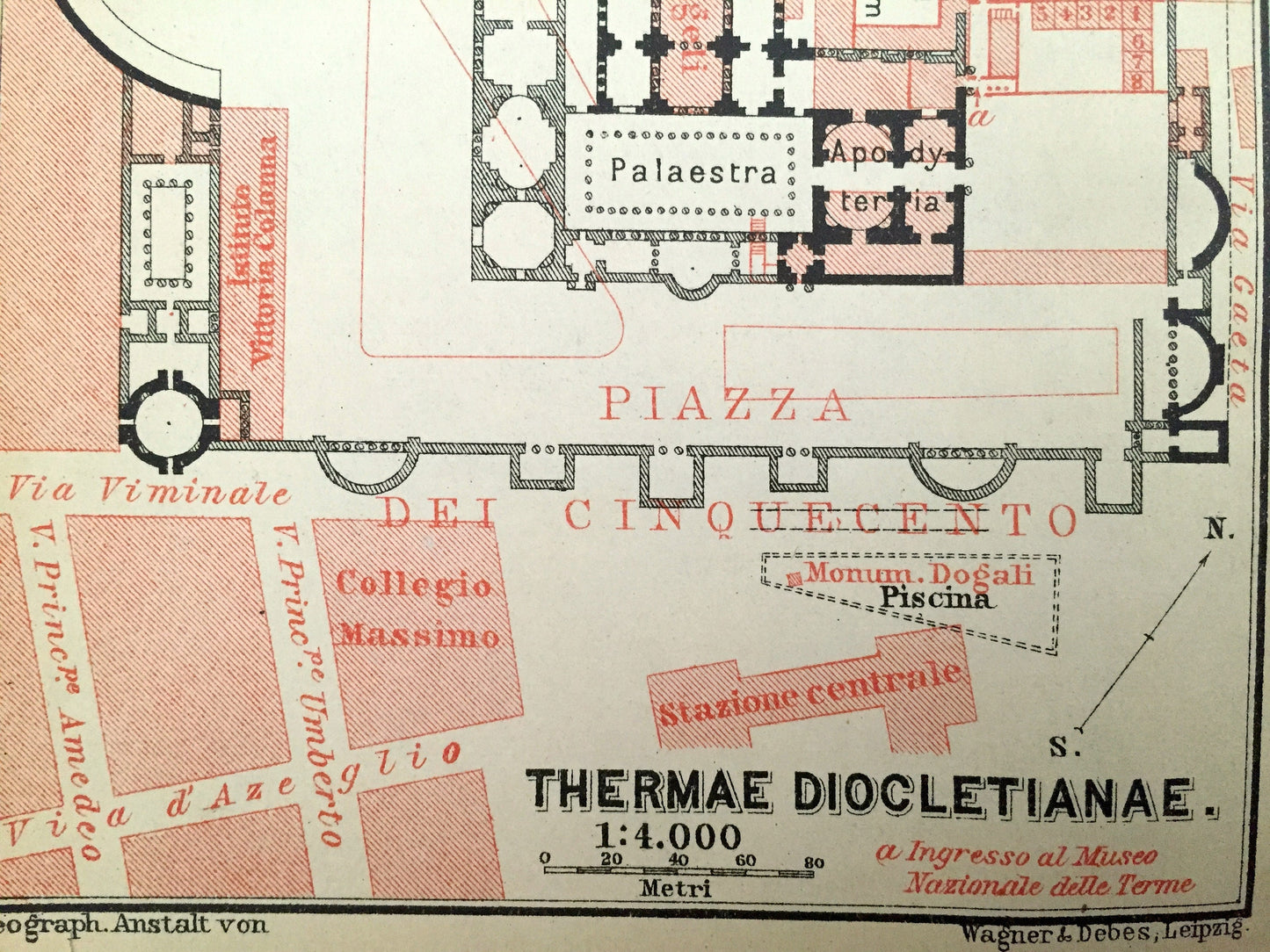 Antique 1904 Baths of Diocletian, Rome Italy Illustration from Baedekers Guide – Thermae Diocletianae, Roma, Viminal Hill, Piazza Terme