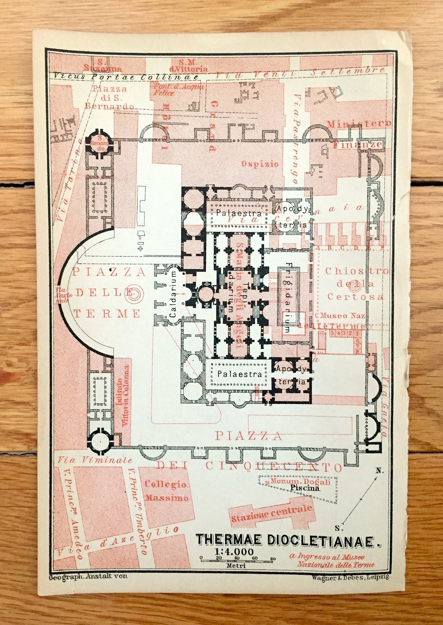 Antique 1904 Baths of Diocletian, Rome Italy Illustration from Baedekers Guide – Thermae Diocletianae, Roma, Viminal Hill, Piazza Terme