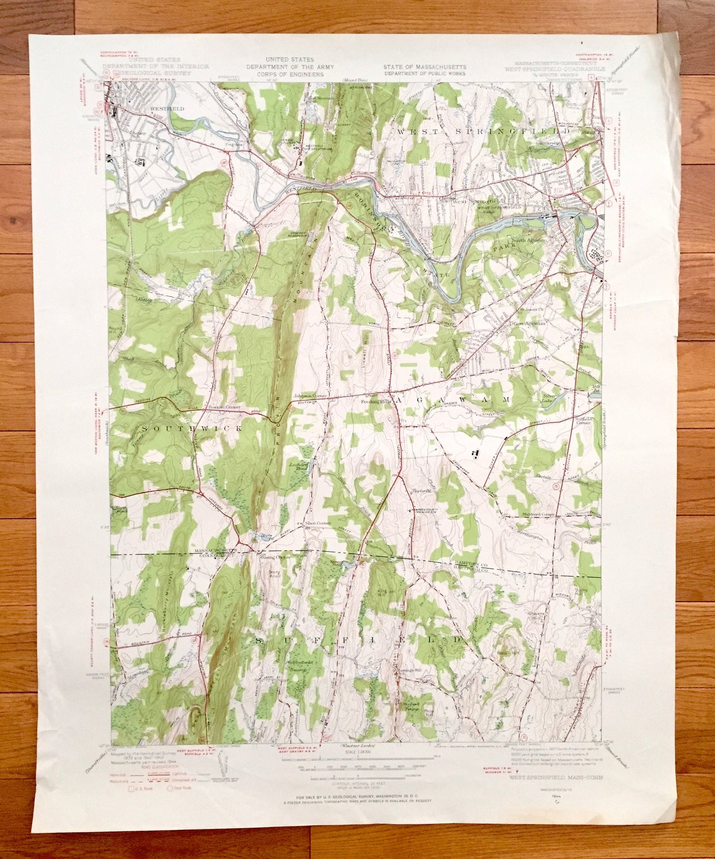 Antique West Springfield, Massachusetts 1944 US Geological Survey Topographic Map – Hampden County, Southwick, Westfield, Agawam, Suffield
