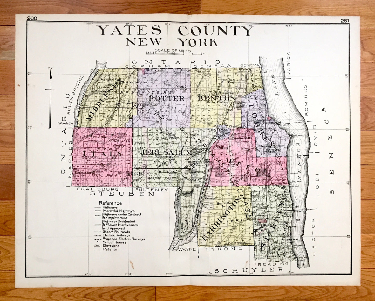 Antique Yates County, New York 1912 New Century Atlas Map – Penn Yan, Keuka Park, Dresden, Angus, Potter, Branchport, Dundee Italy Himrod NY