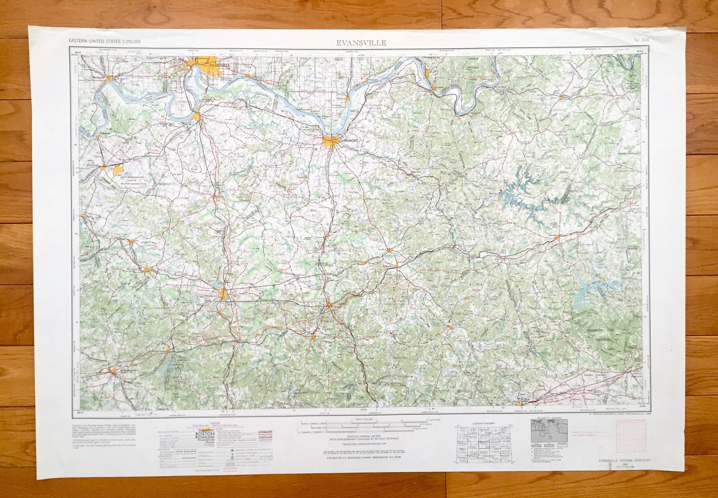 Antique Evansville, Indiana 1957 US Geological Survey Topographic Map – Howell, Mount Vernon, Newburgh, Rockport, Tell City, Cannelton, IN