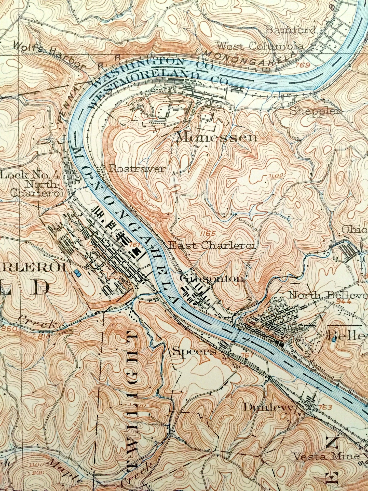 Antique Brownsville, Pennsylvania 1906 US Geological Survey Map – California, Charleroi, Monongahela, West Newton, Webster, Coal Center, PA