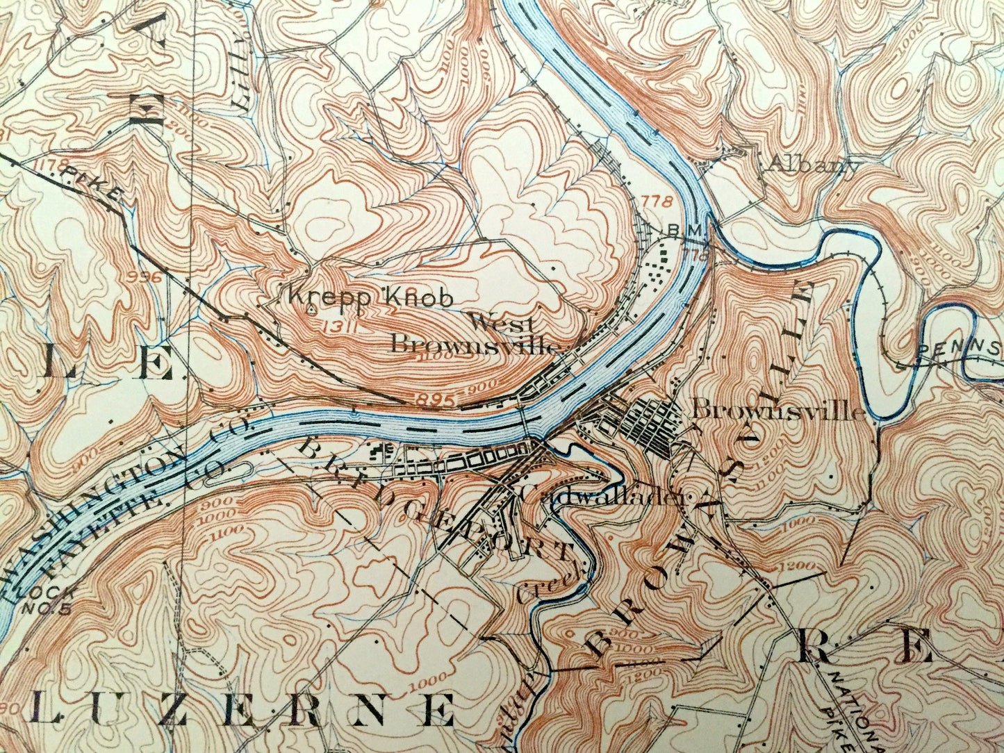 Antique Brownsville, Pennsylvania 1906 US Geological Survey Map – California, Charleroi, Monongahela, West Newton, Webster, Coal Center, PA